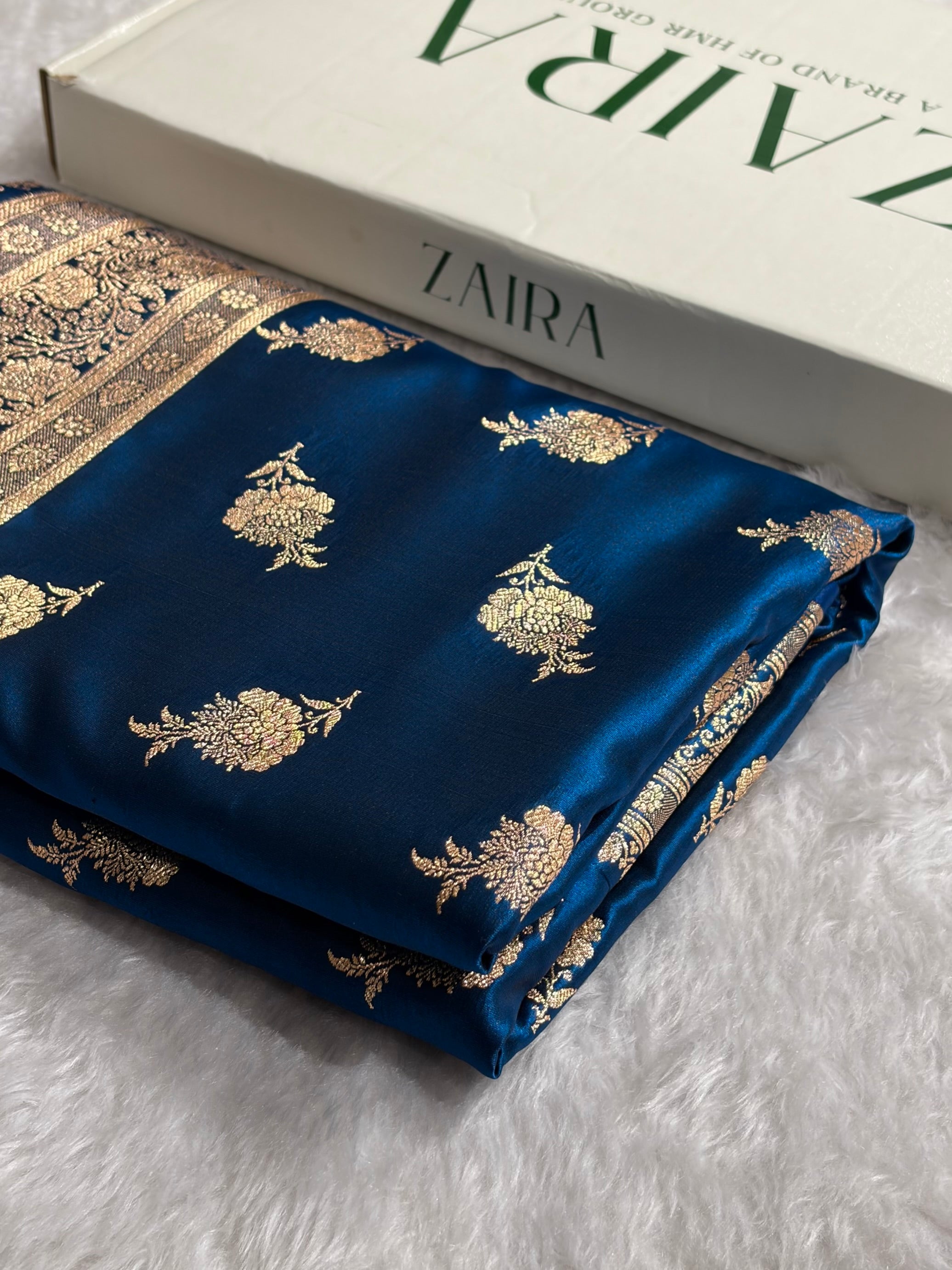 Satin Silk Saree Floral Boota in German Blue Shades SS26
