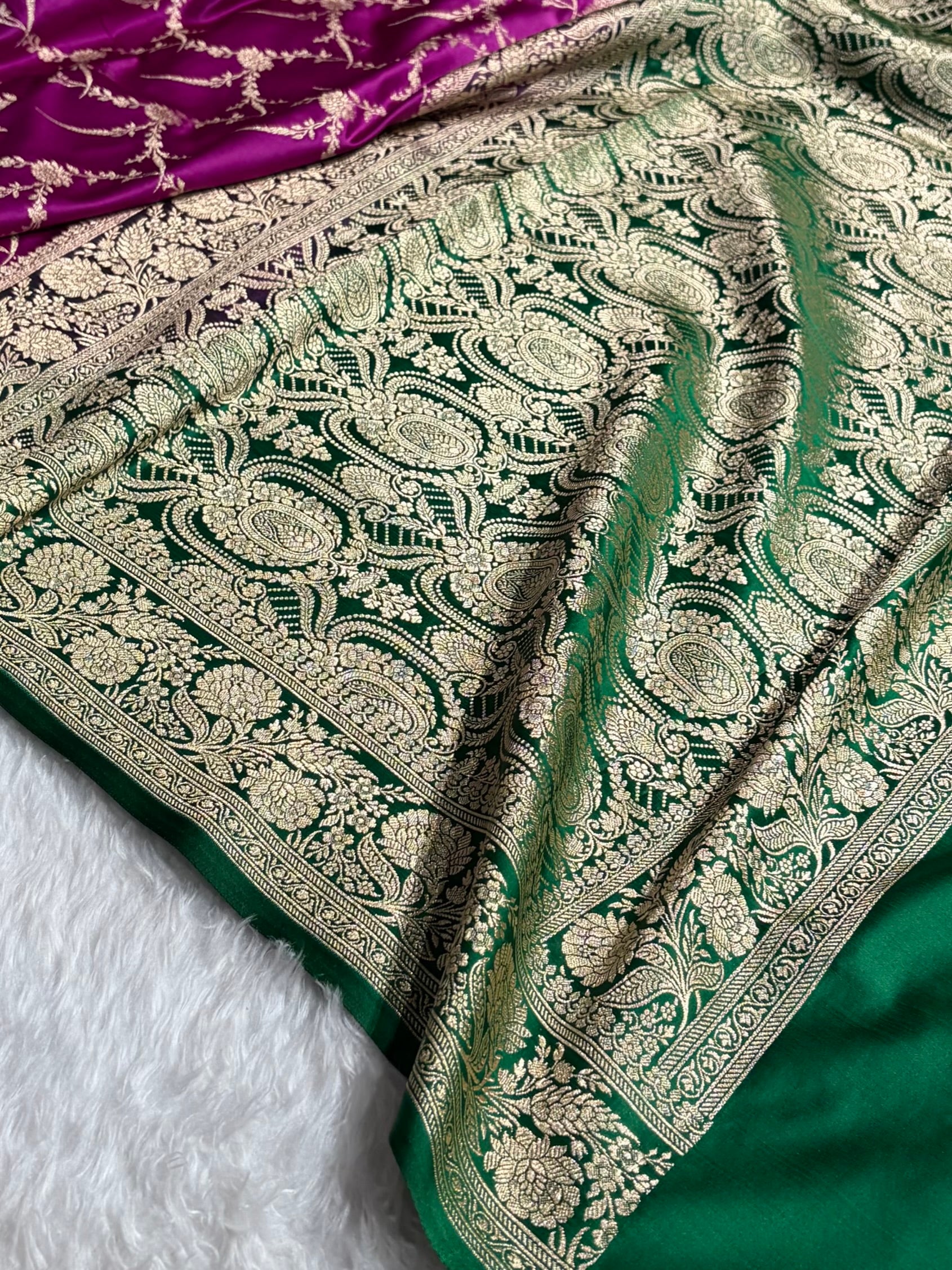 Banarasi Satin Katan Saree With Boota in Contrast Wine With Green Shades SK115