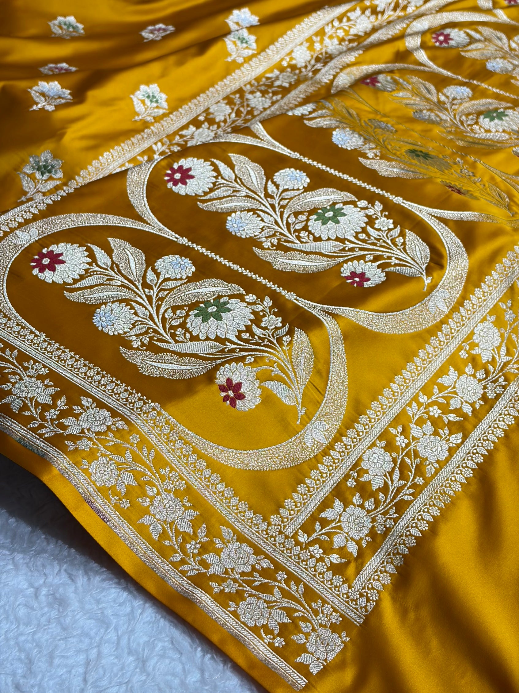 Premium Banarasi Satin Katan Saree With Minakari Boota in Mustard Shades SK112