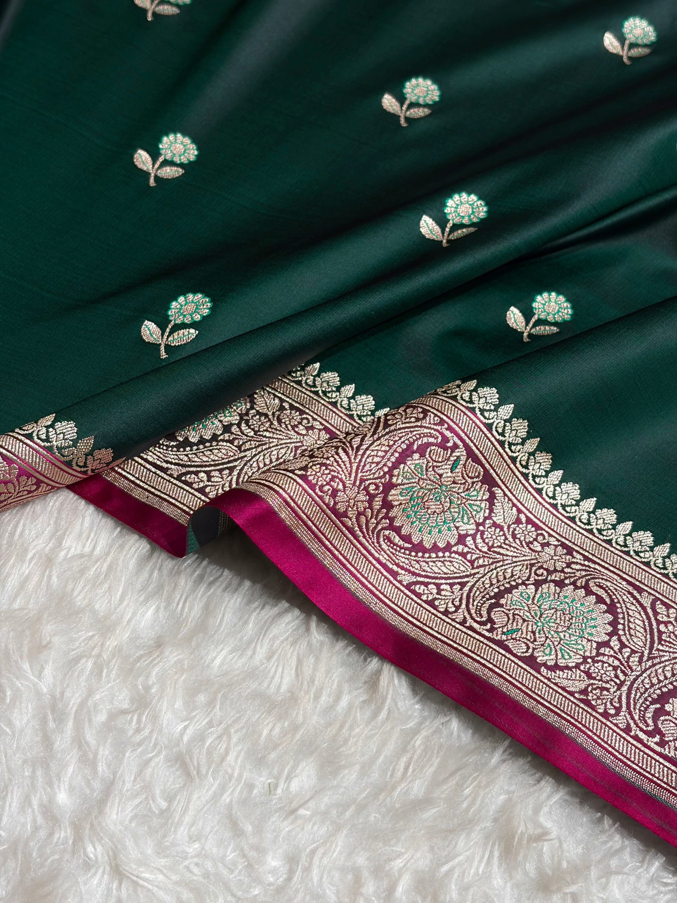 Dark Bottle Green / Rani Shades Banarasi Booti Pattern Mashru Silk Saree MSM-137