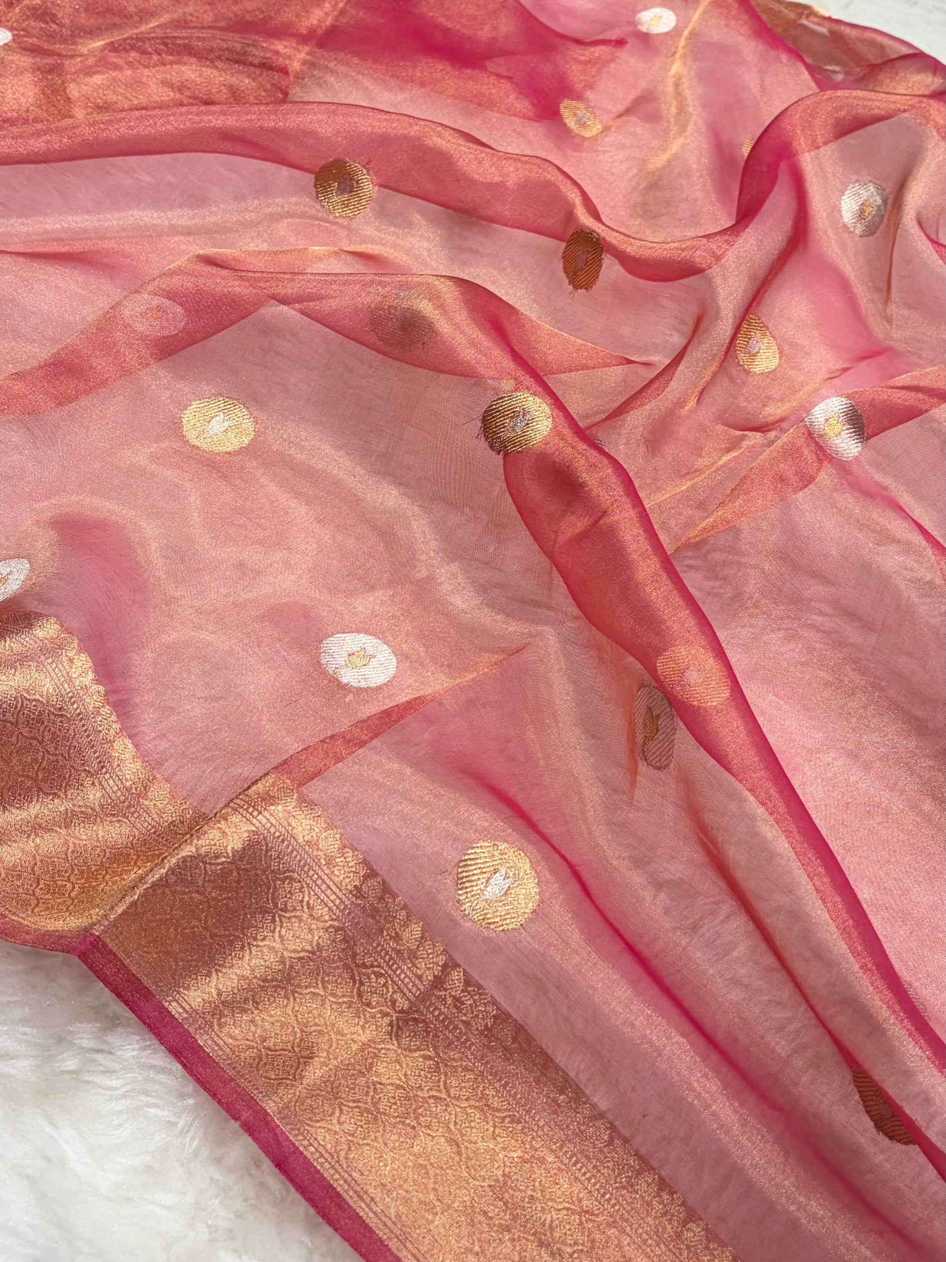 Peach Bananasi Floral Shades Pure Tissue Silk Saree PT-40