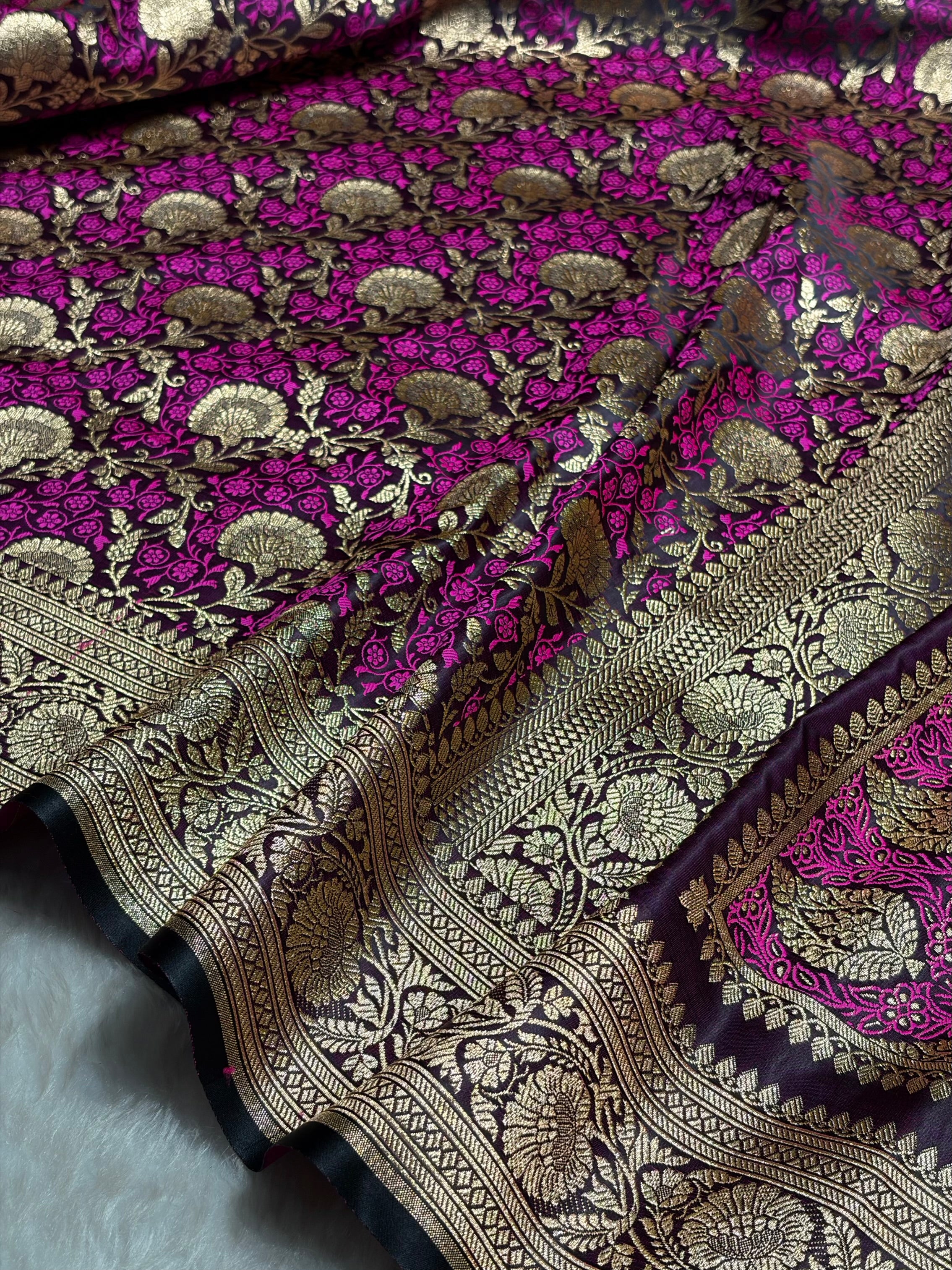 Wine With Pink Tanchoi Satin Katan Silk Saree SKTM-05
