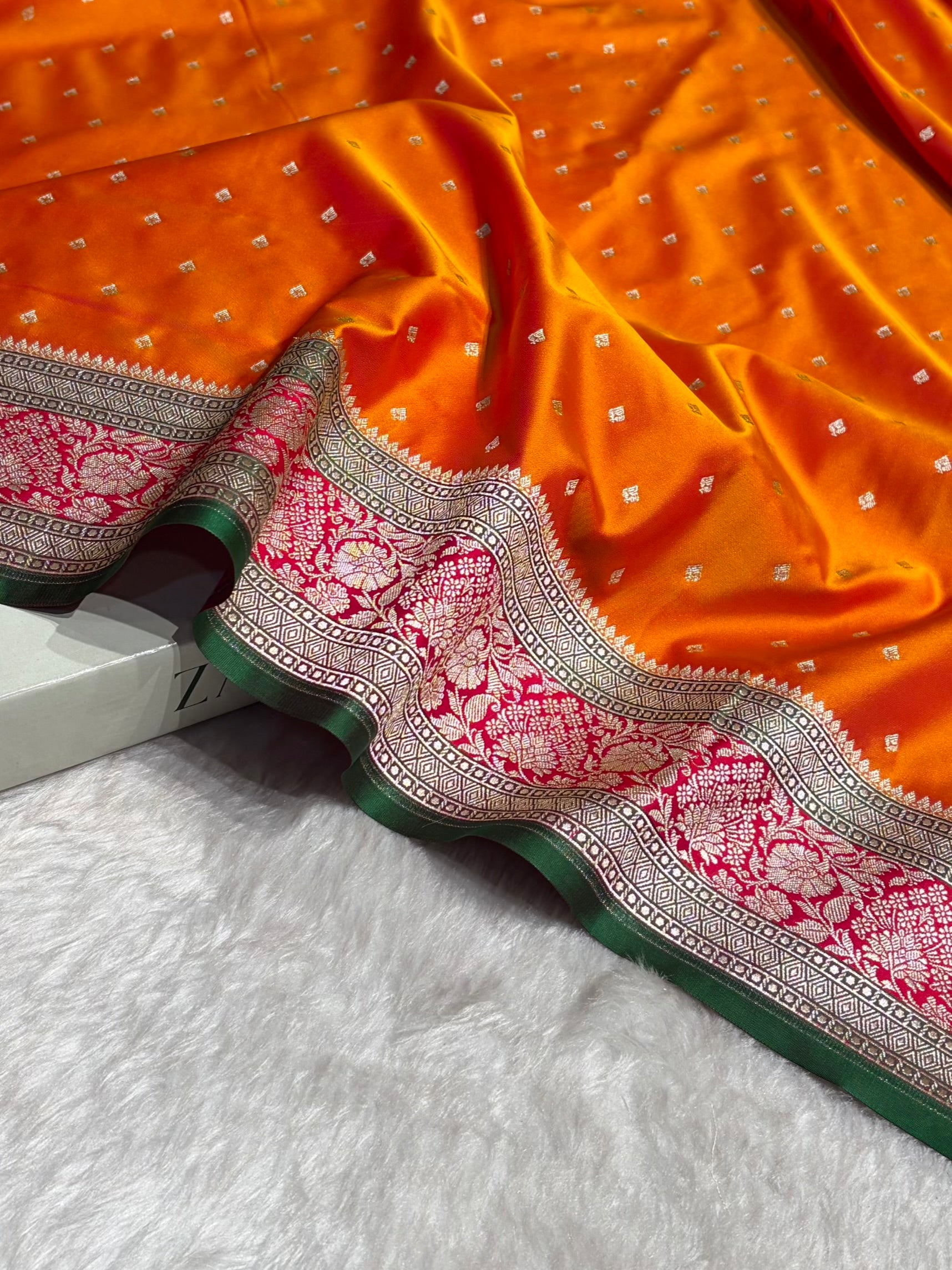 Contrast Cross Orange With Rani Floral Border Mashru Silk Saree MSM-99