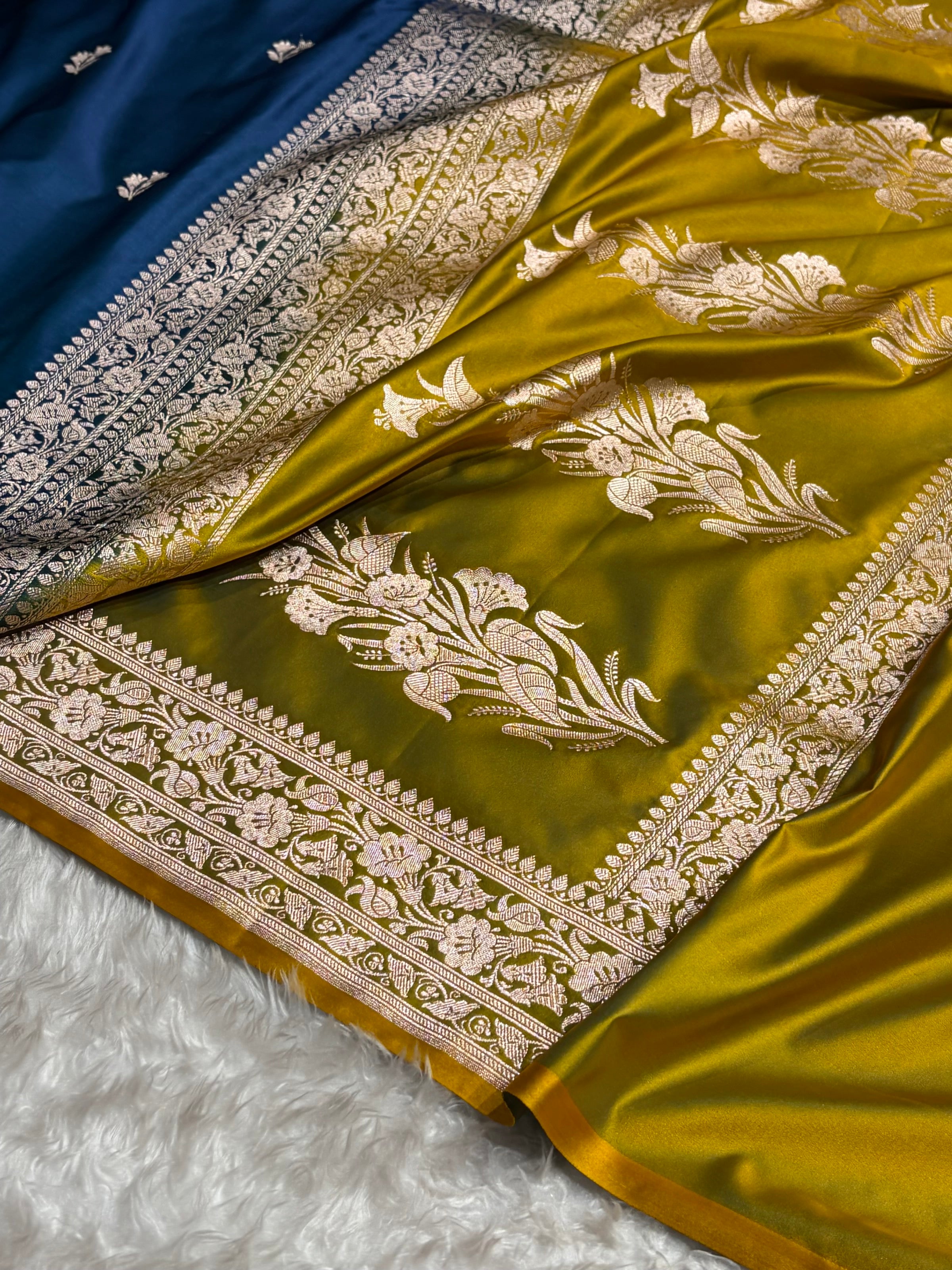 Contrast German Blue / Mustard Shades Banarasi Booti Pattern Mashru Silk Saree MSM-138