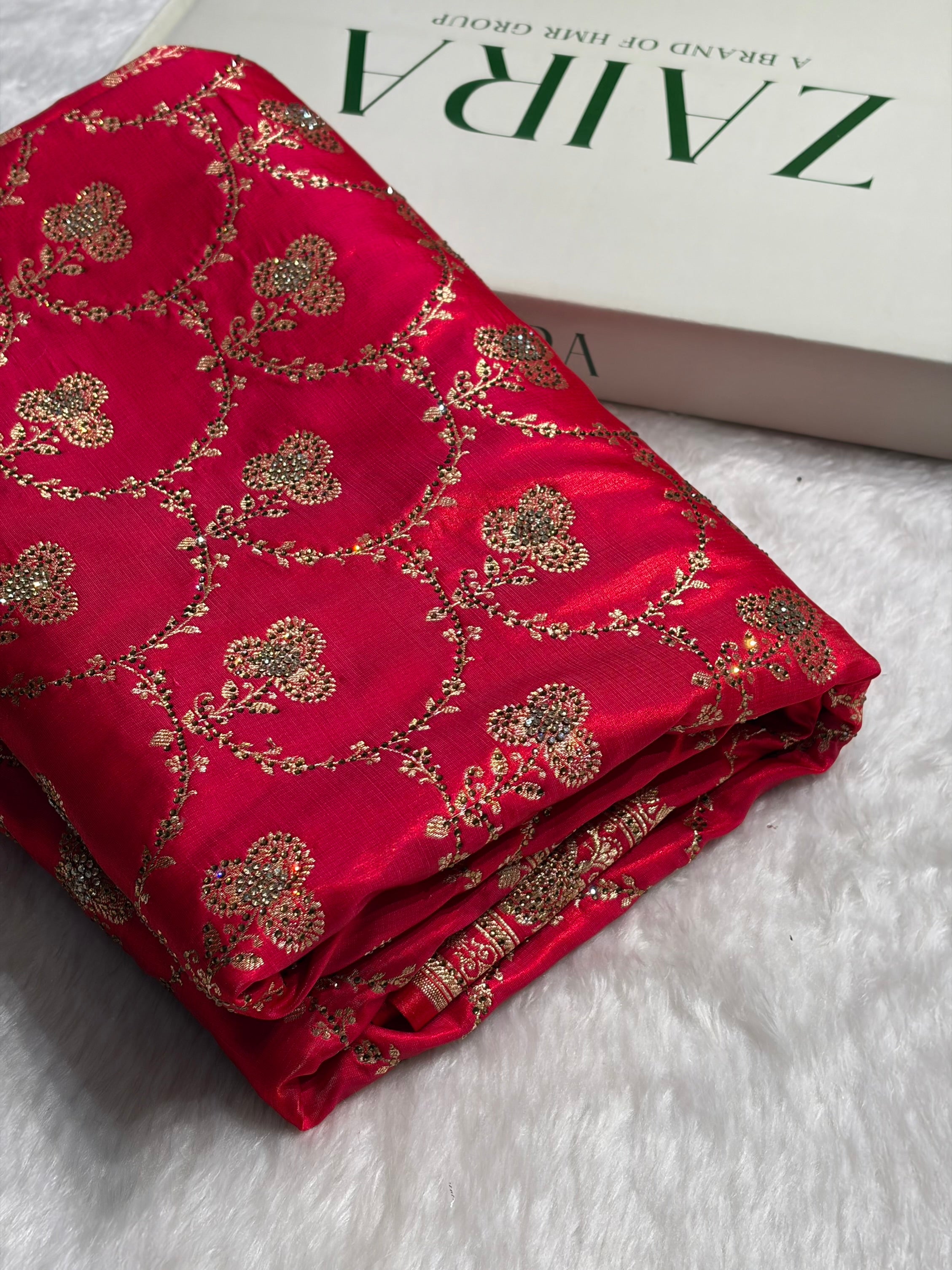 Satin Silk Saree Jaal in Pinkish Red Shades With Swarovski Work BSS23