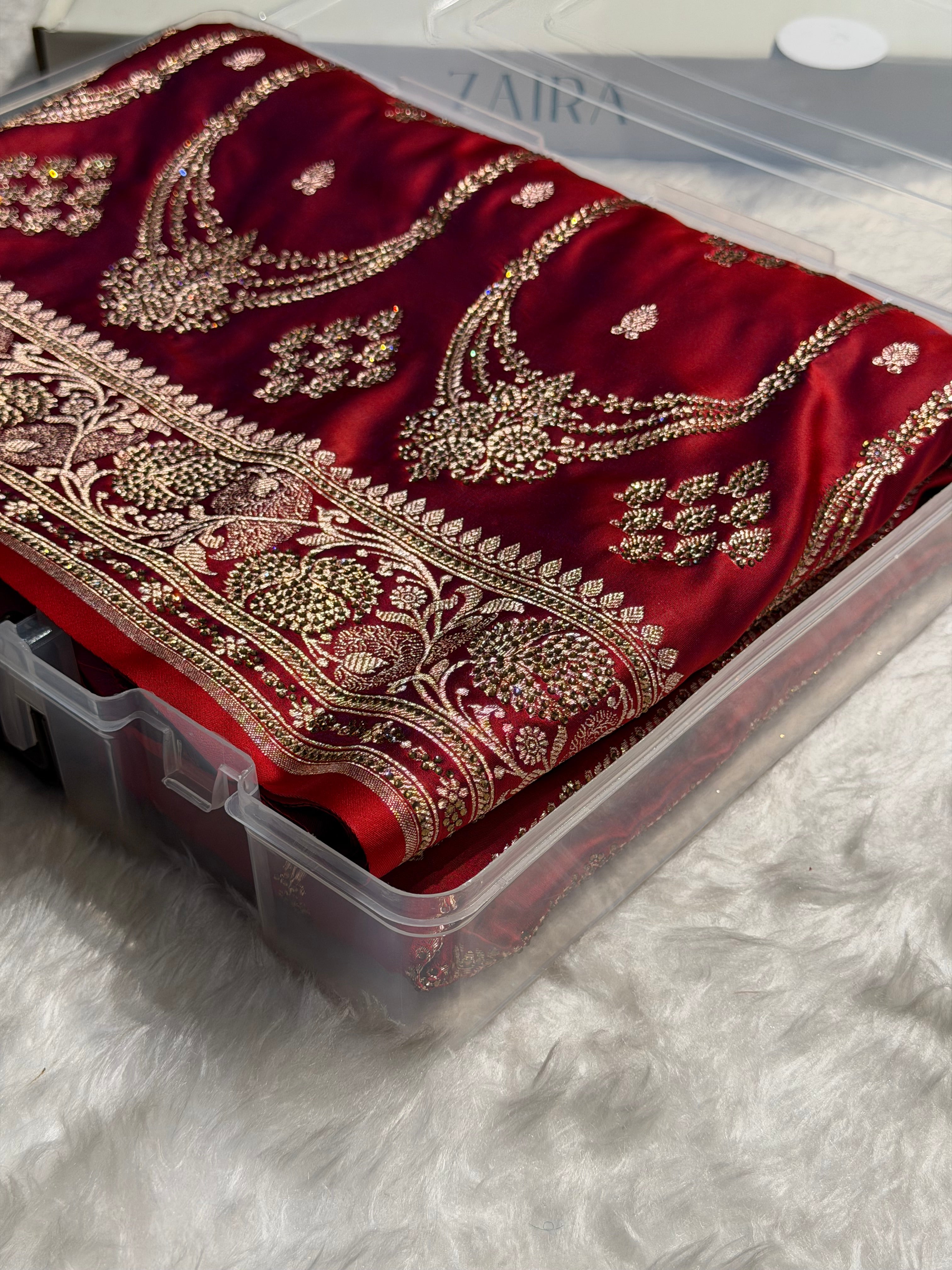 Cross Red Floral Boota Pattern With Bananas Swarovski Stone Work Satin Katan Silk saree BSK39