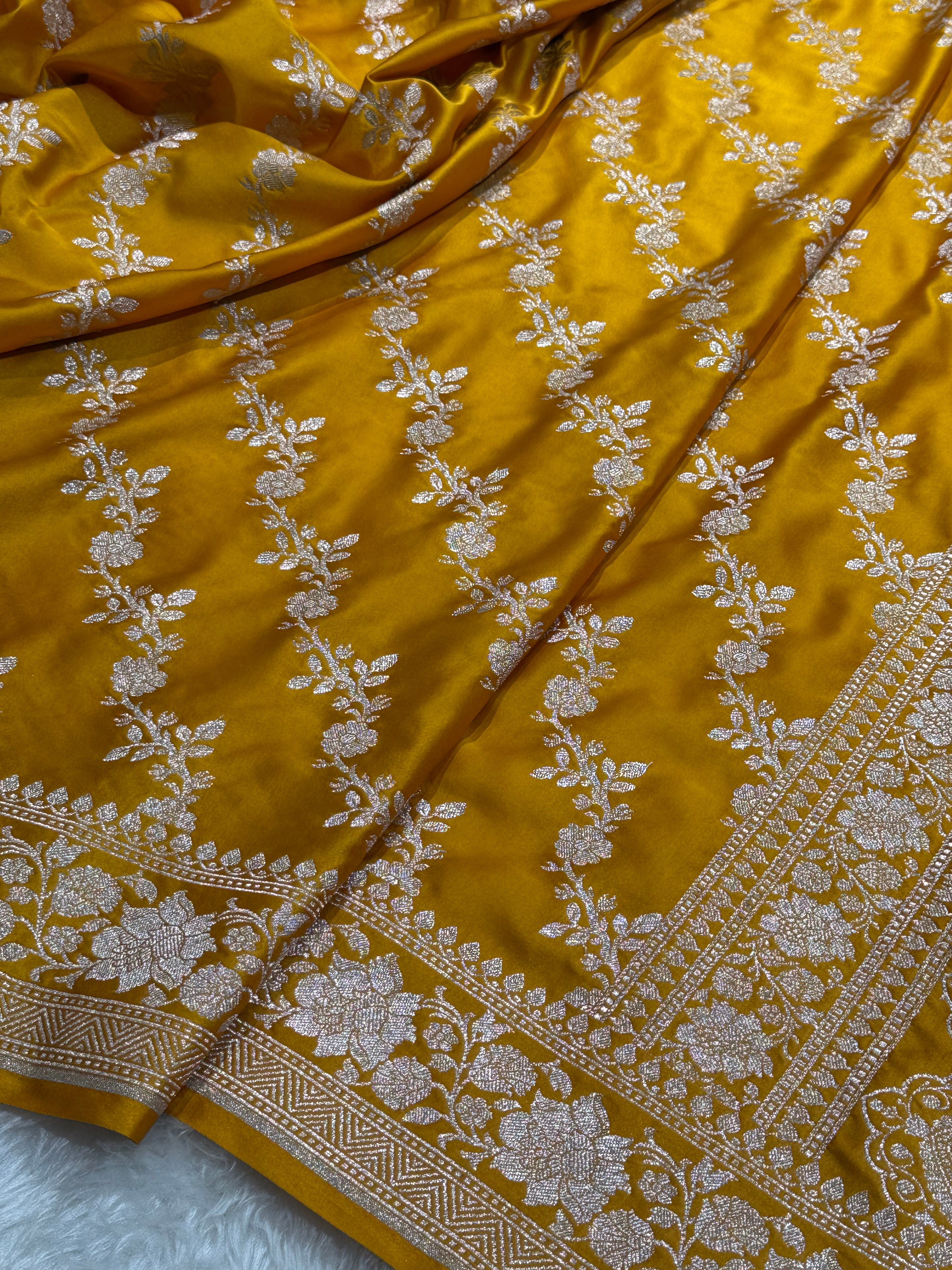 Mustard Shades Banarasi Cross Jaal Mashru Silk Saree