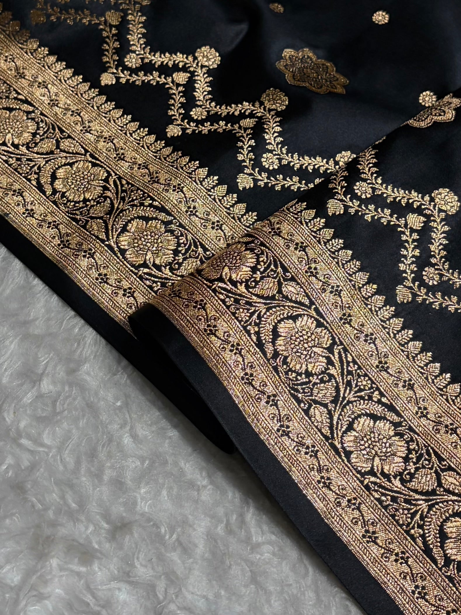 Banarasi Satin Katan Saree Floral Boota Pattern in Black Shades SK146