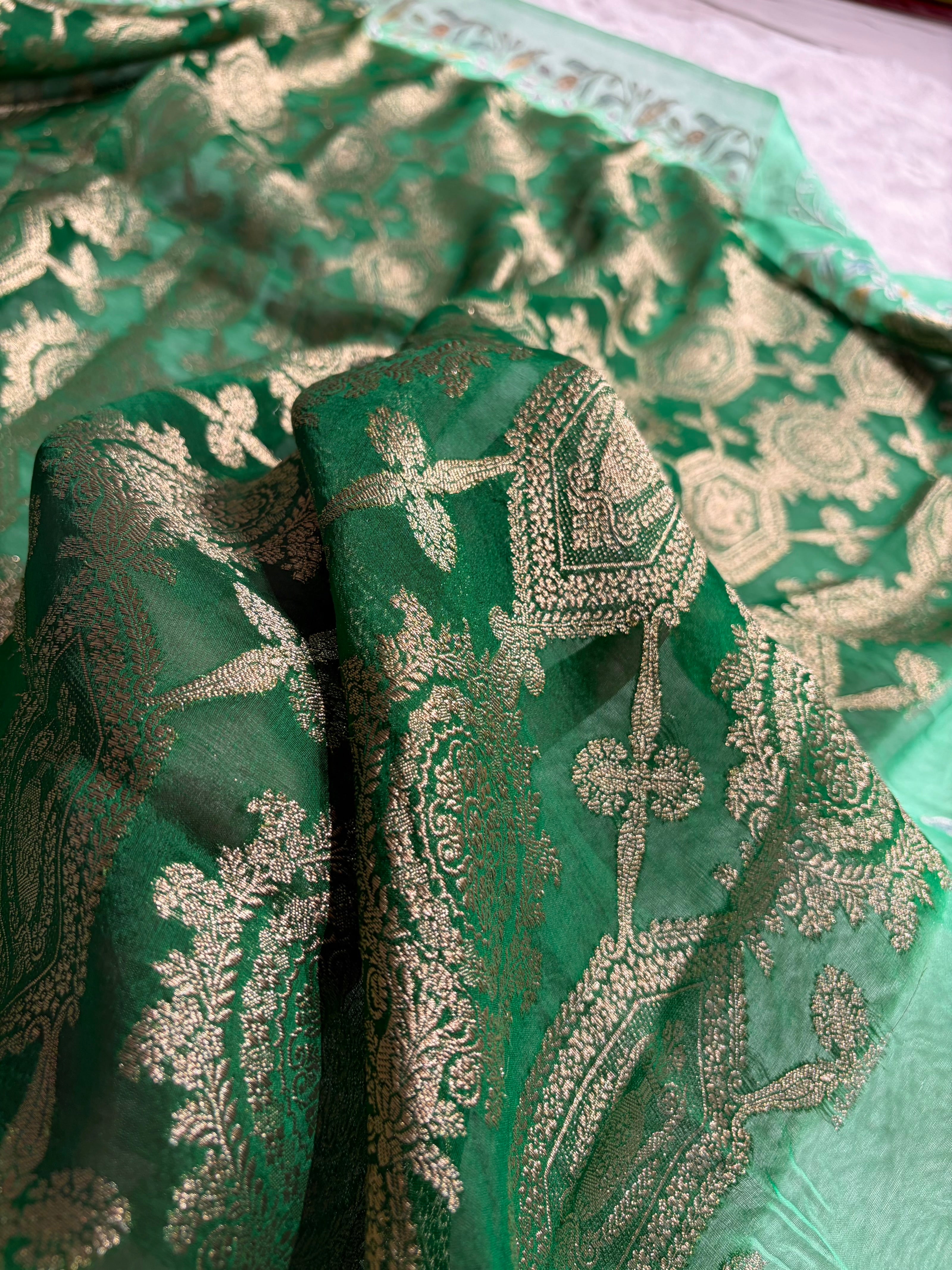 Banarasi Pure Organza Contrast Bottle Green With Sea Green Shades Banarasi Silk Saree PO-41