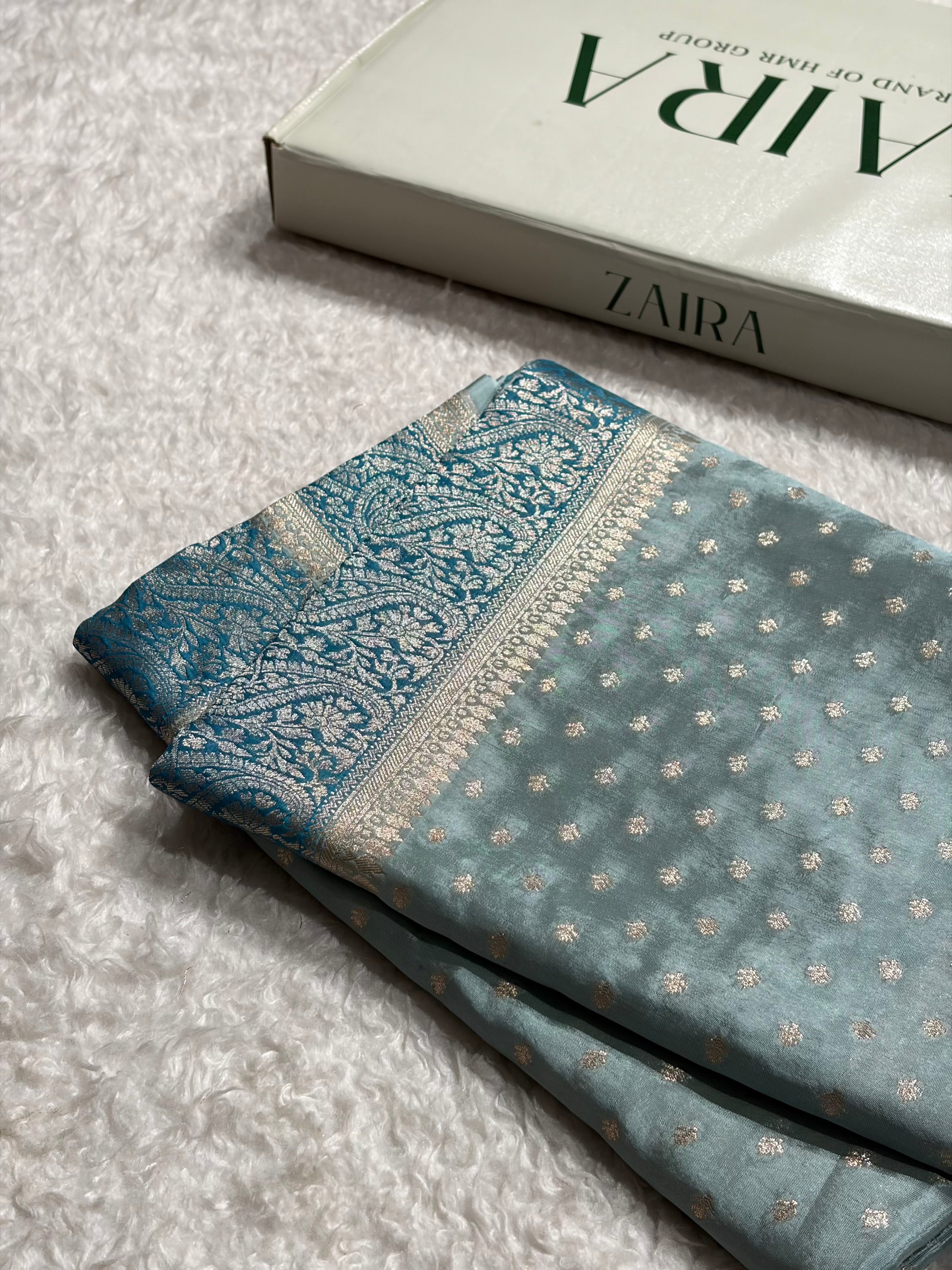 Powder Blue Shades With Contrast Border Crepe Silky Katan Banarasi Saree CSK-05