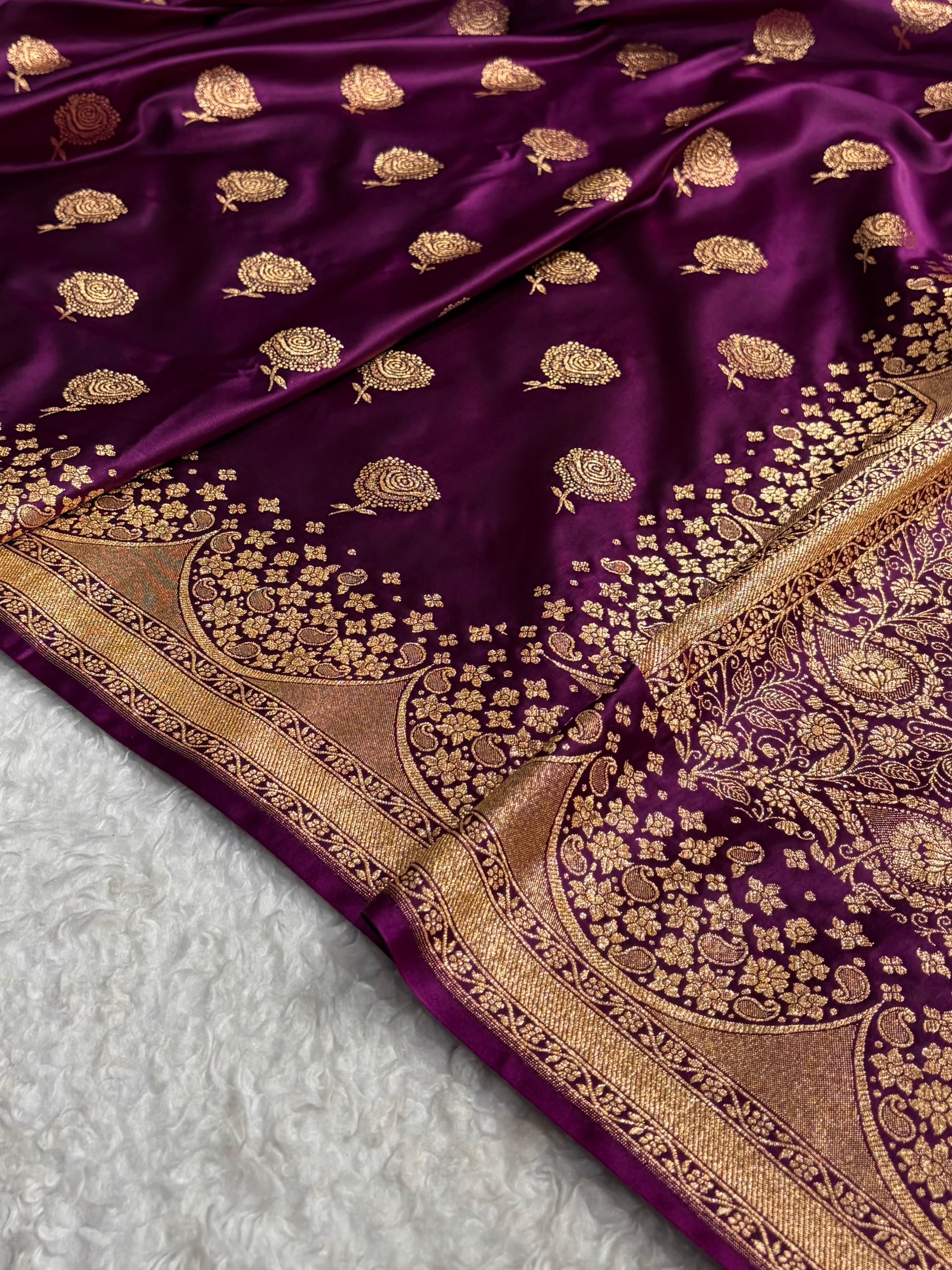 Banarasi Satin Katan Saree With Boota in Wine Shades SK111