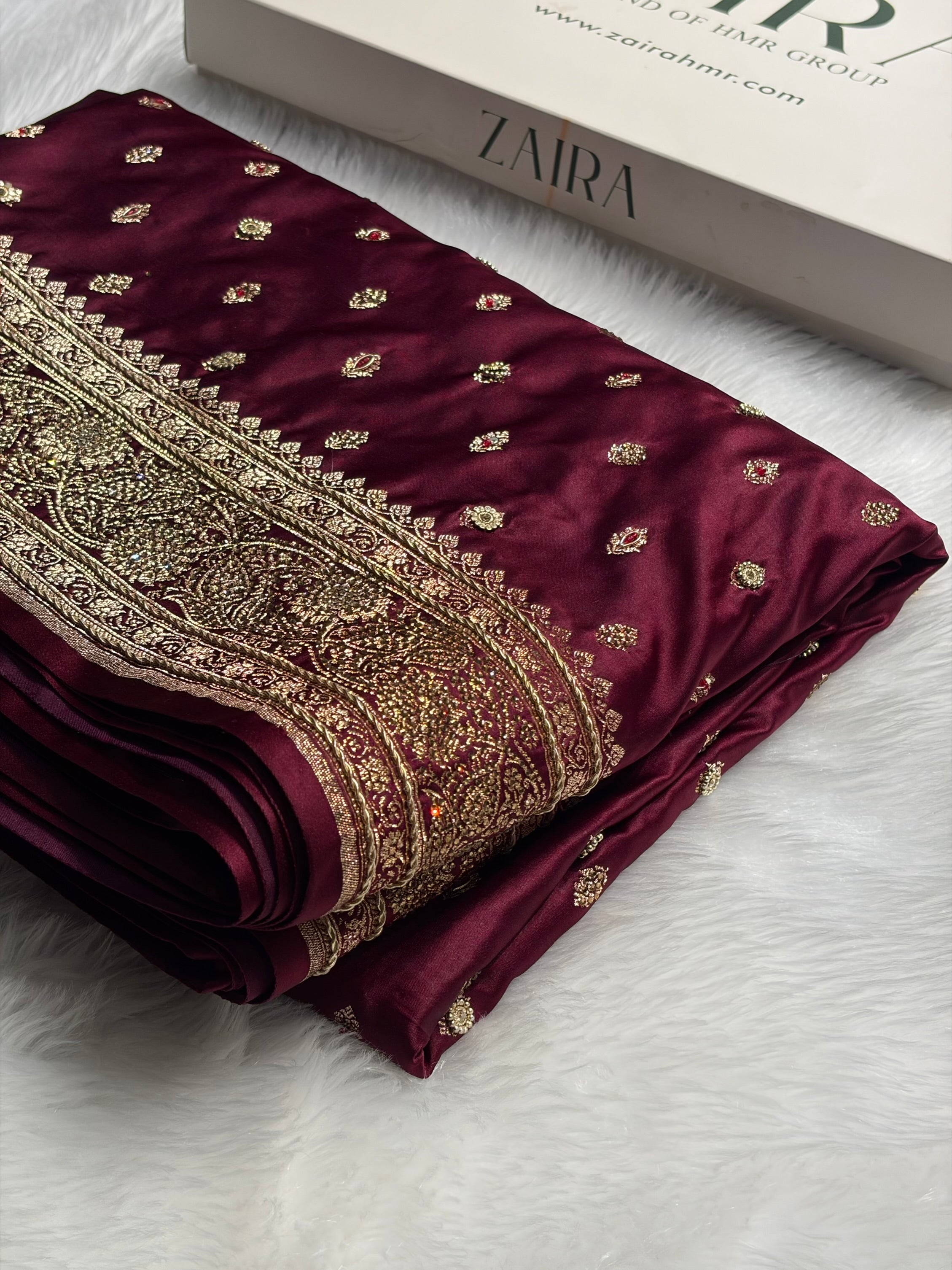 Banarasi Chocolate Booti Pattern With Ari Zardozi Stone Work Satin Katan Silk Saree BSK53