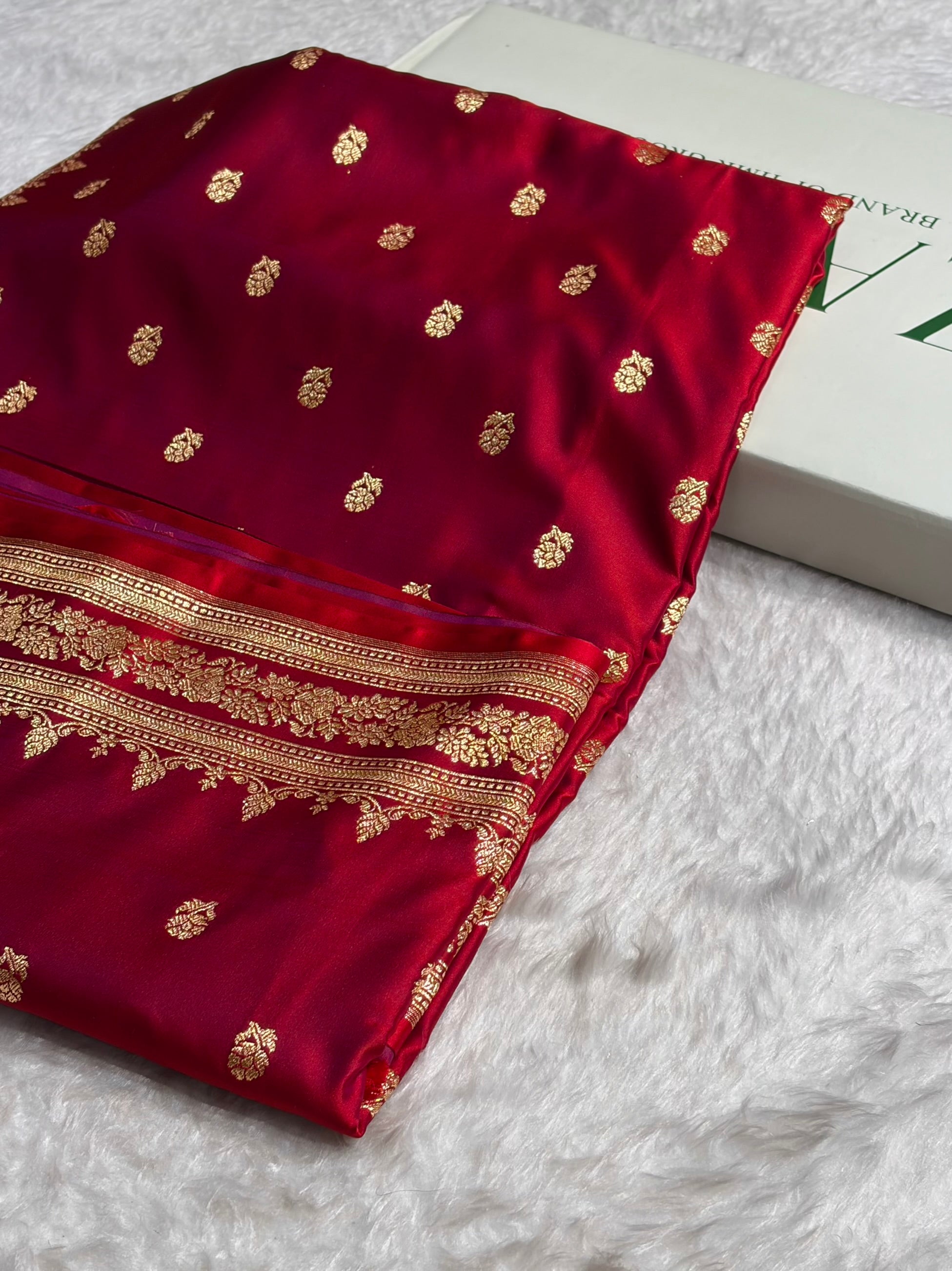 Magentic Red Floral Pattern Satin Katan Silk Saree SK76