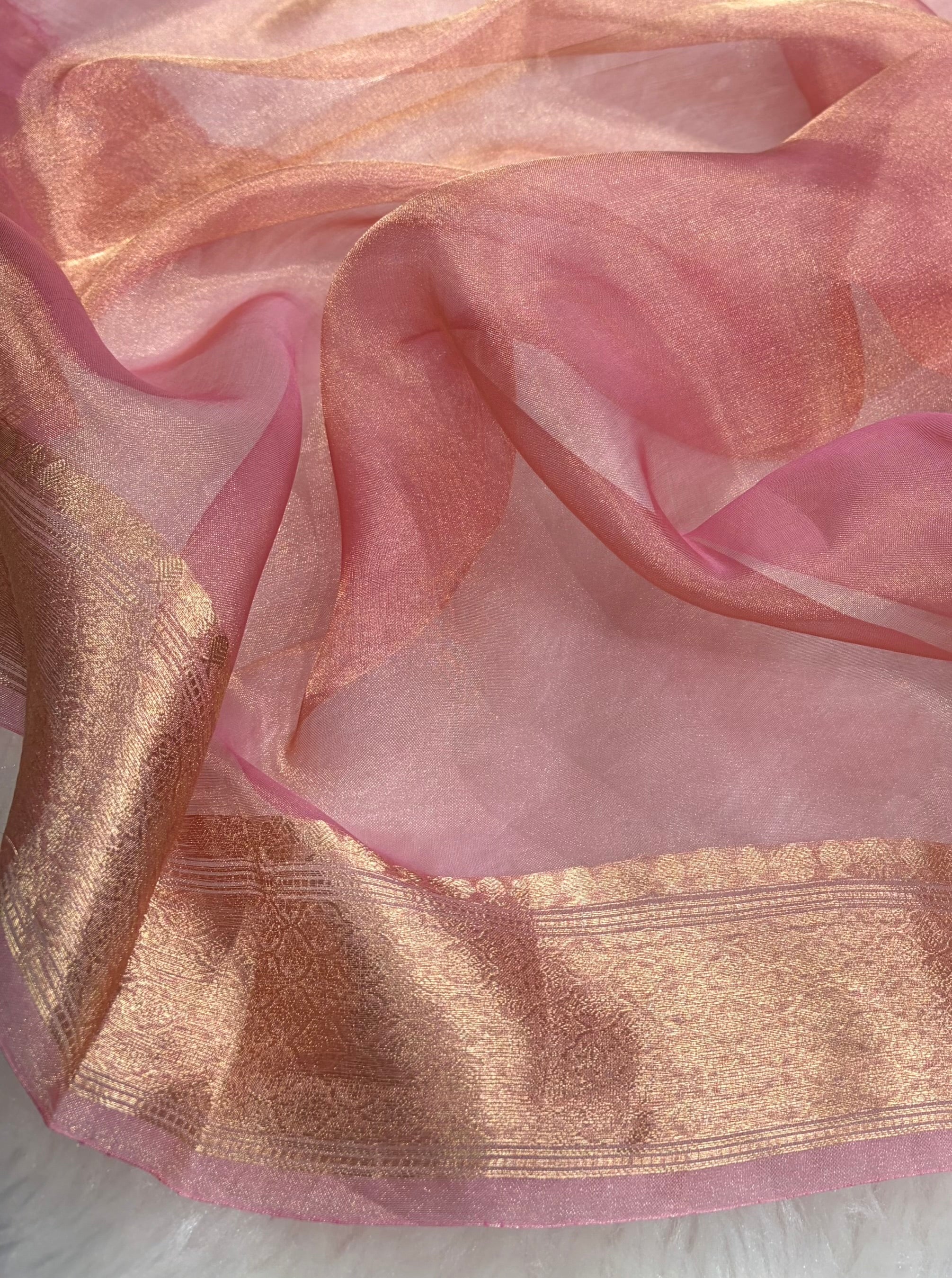Light Peach Bananasi Floral Shades Pure Tissue Silk Saree PT-53