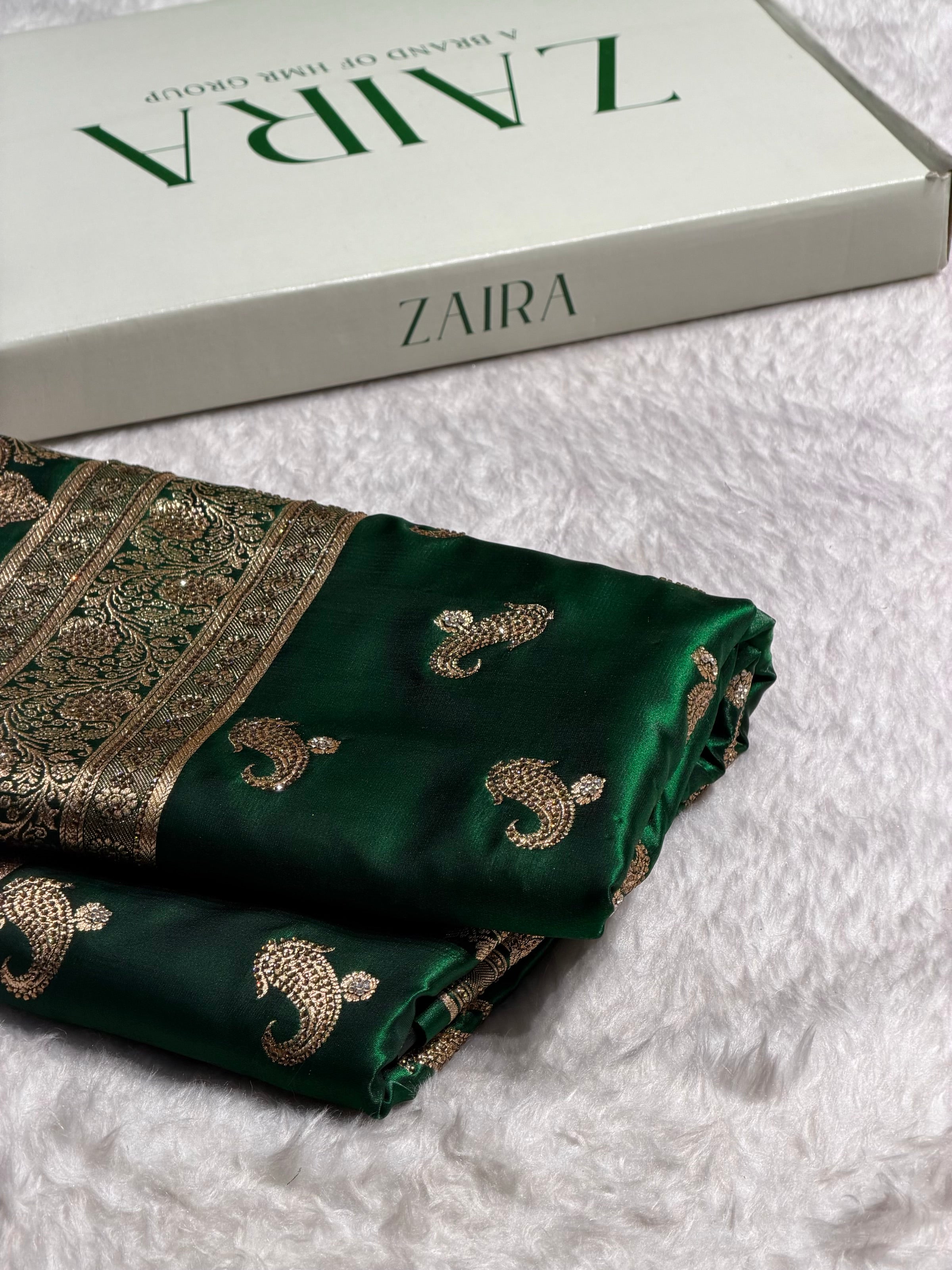 Satin Silk Saree Tredition Banarasi Swarovski Work Floral Boota in Bottle Green Shades BSS27