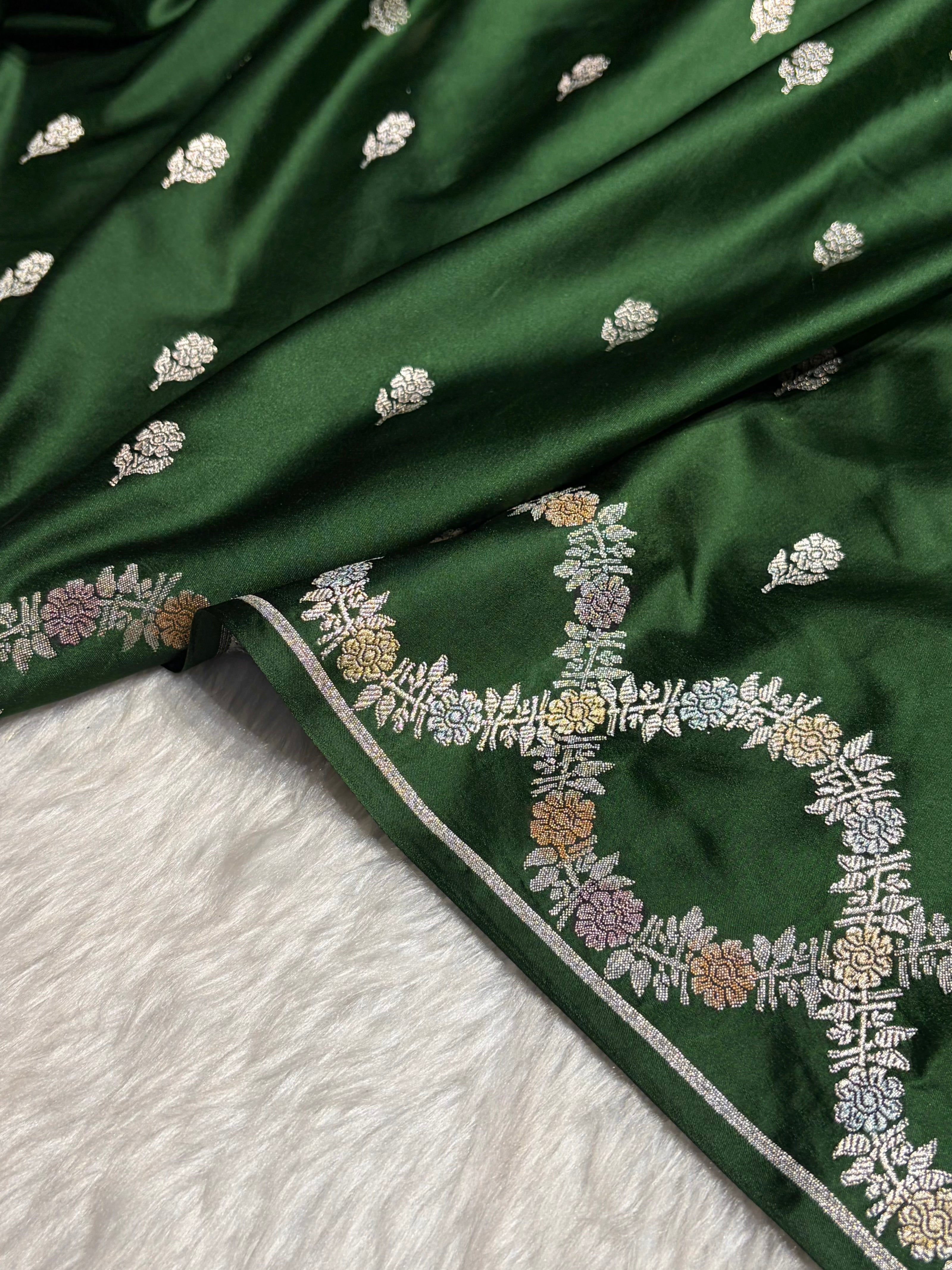Bottle Green Minakari Scallop Floral Booti Mashru Silk Saree MS46
