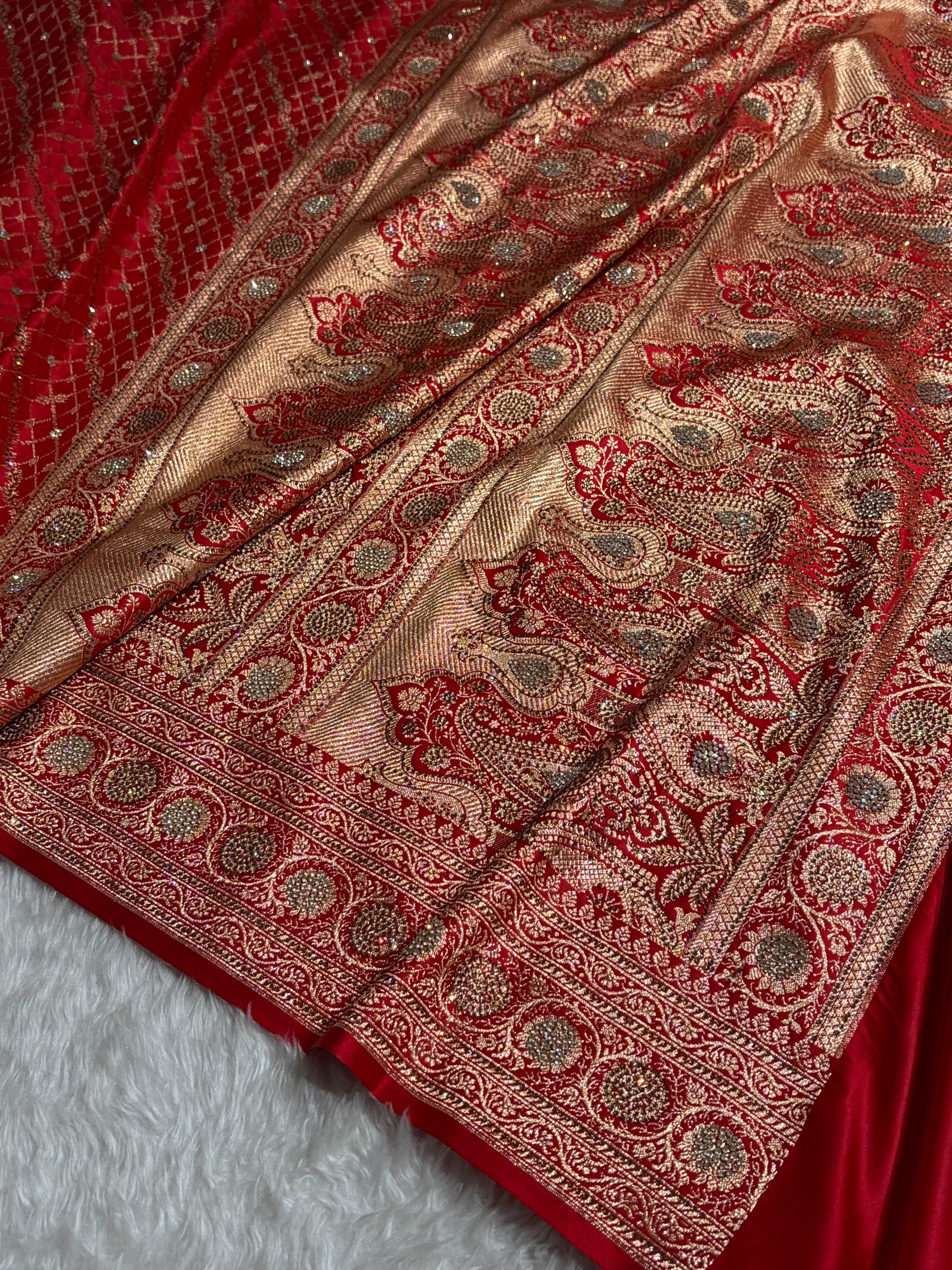 Red Banarasi Brocade With Swarovski Work Soft Katan Silk Saree - BSK44