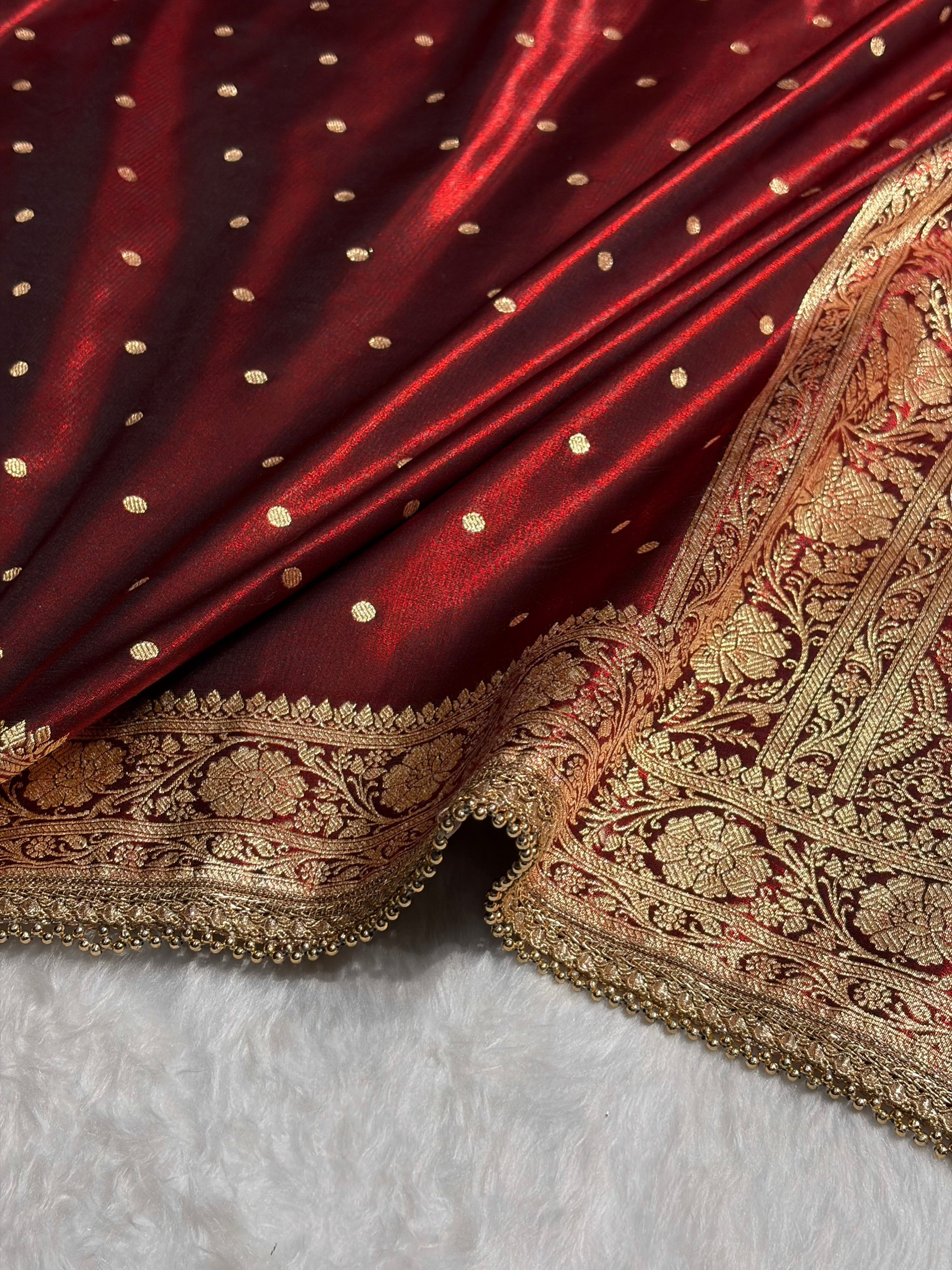 Satin Silk Dot Booti in Maroon Shades With Gotta Patti SSGP08