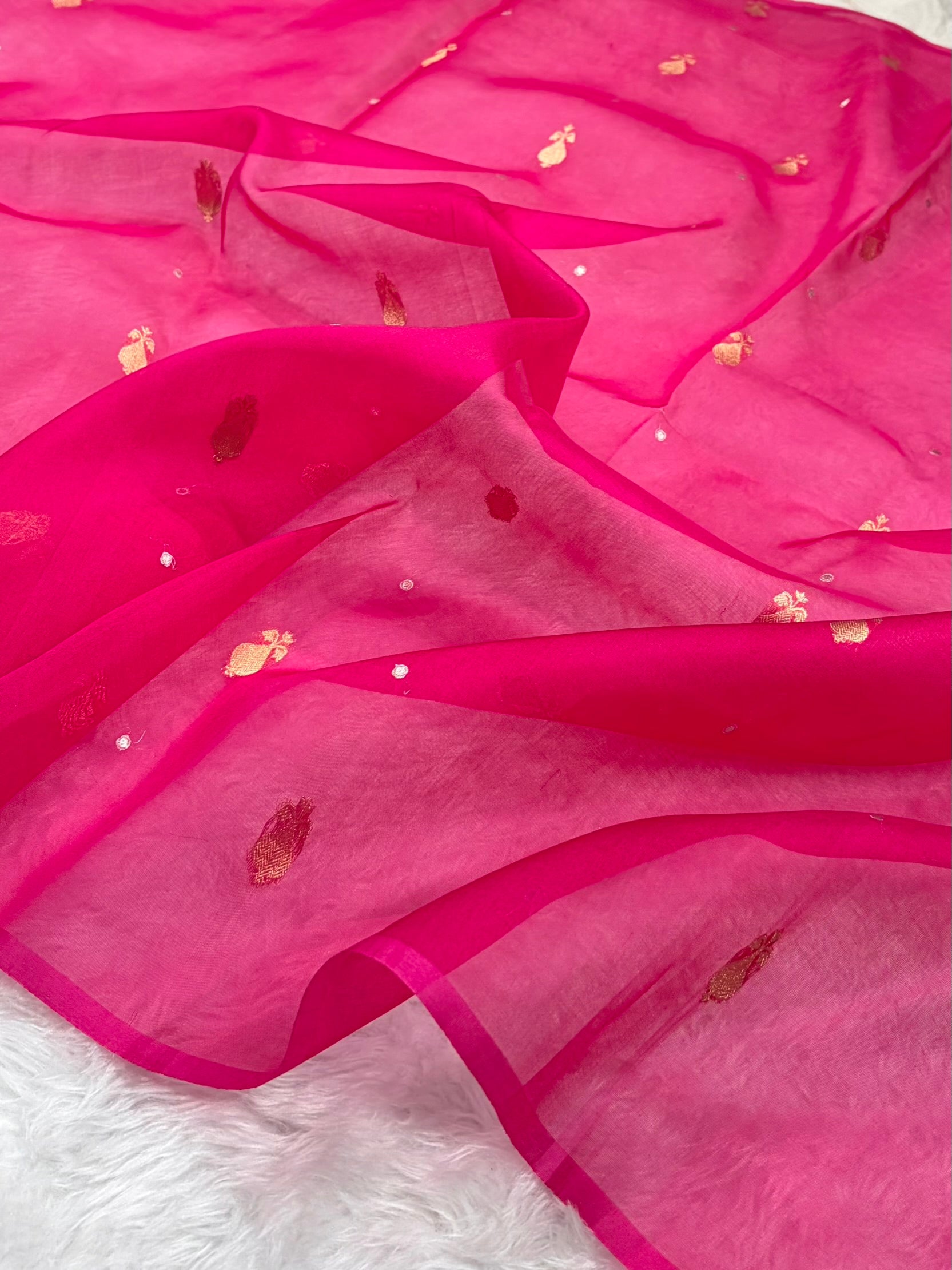 Pure Banarasi Organza Rani Shades With Minakari Floral Banarasi Silk Saree PO-24