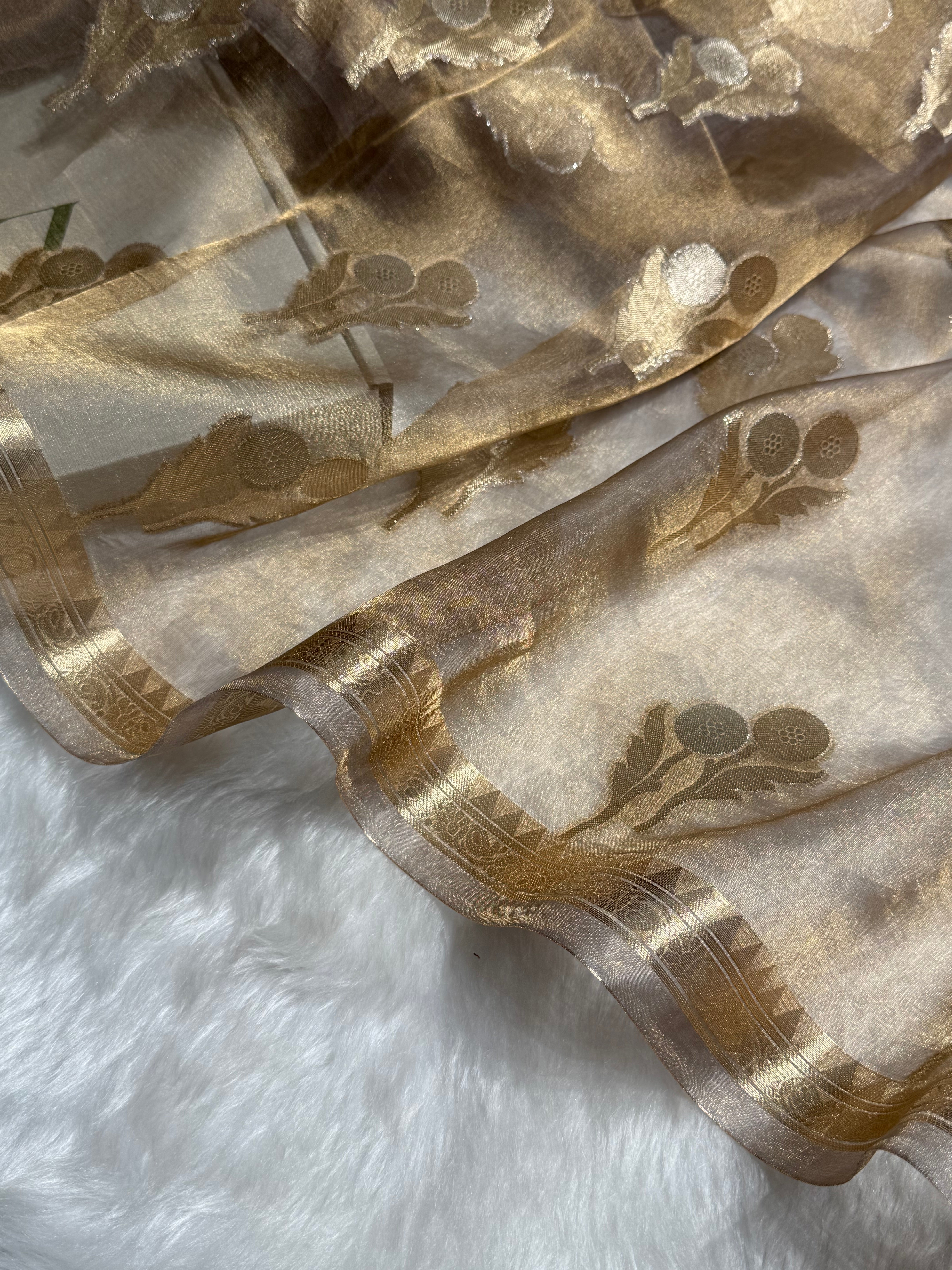 Tussar Gray floral Shades Pure Tissue Silk Saree with Brocade Blouse PT-22