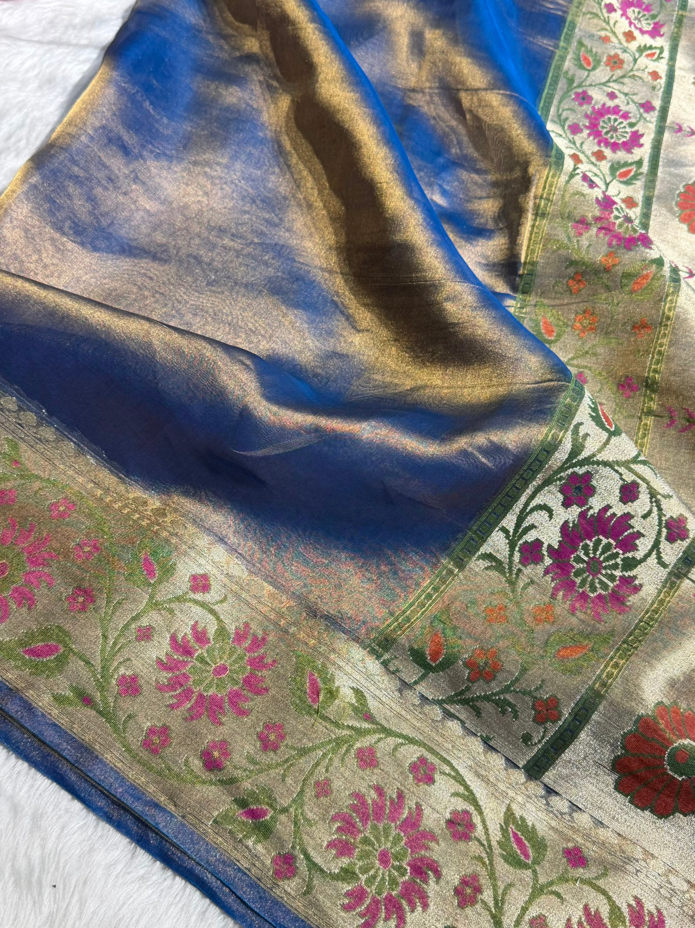 Banarasi Goldish Purple Shades With Minakari Border Pure Tissue Silk Saree PT-59
