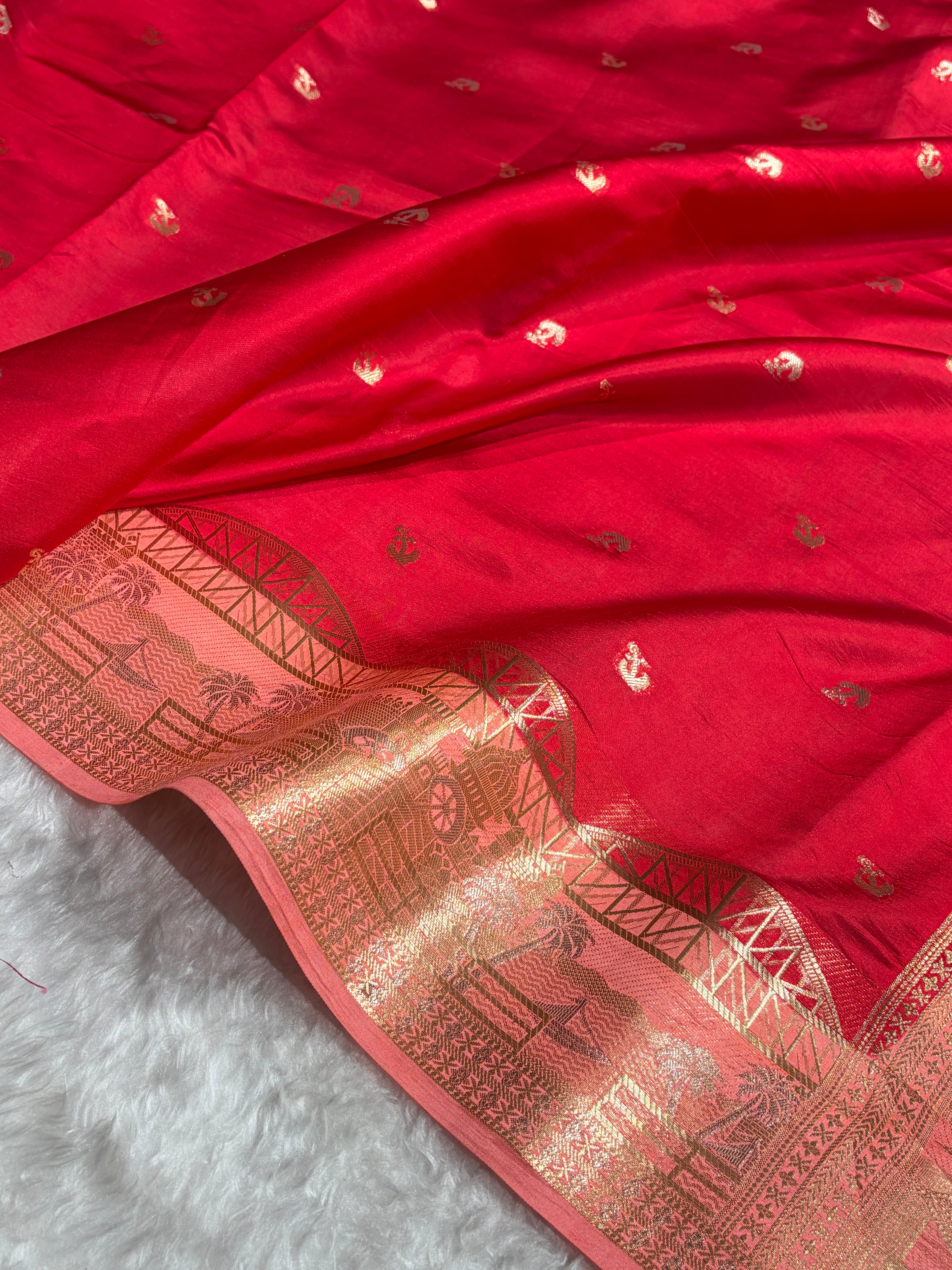 Banarasi Red With Peach Contrast Shade Flower Boota Pure Caramel Mango Silk Saree CS-18