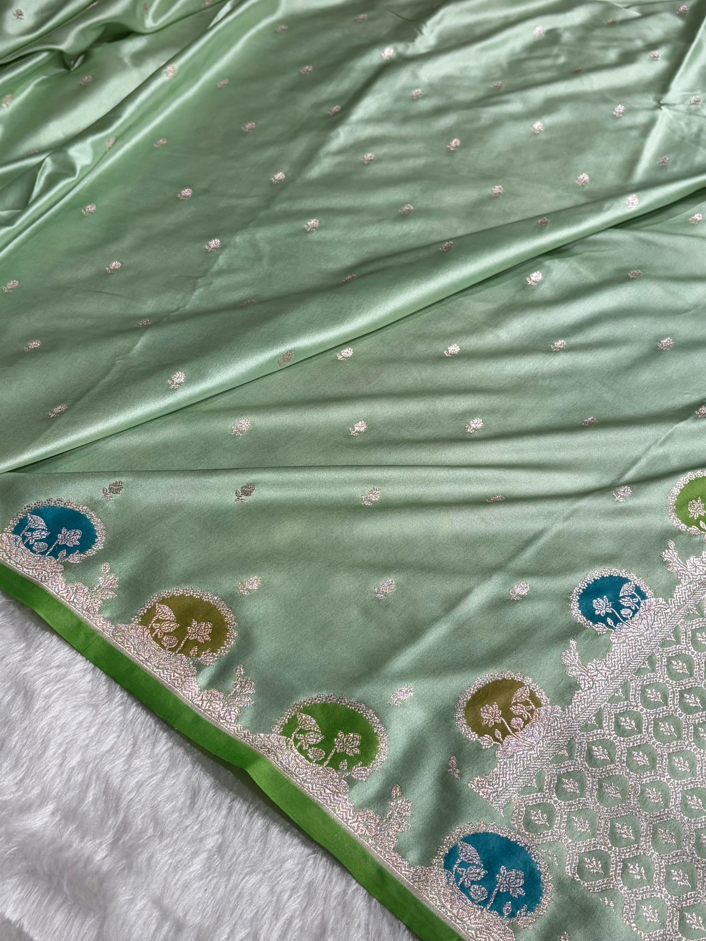 Banarasi Light Pista Shades With Minakari Floral Mashru Silk Saree MCS91