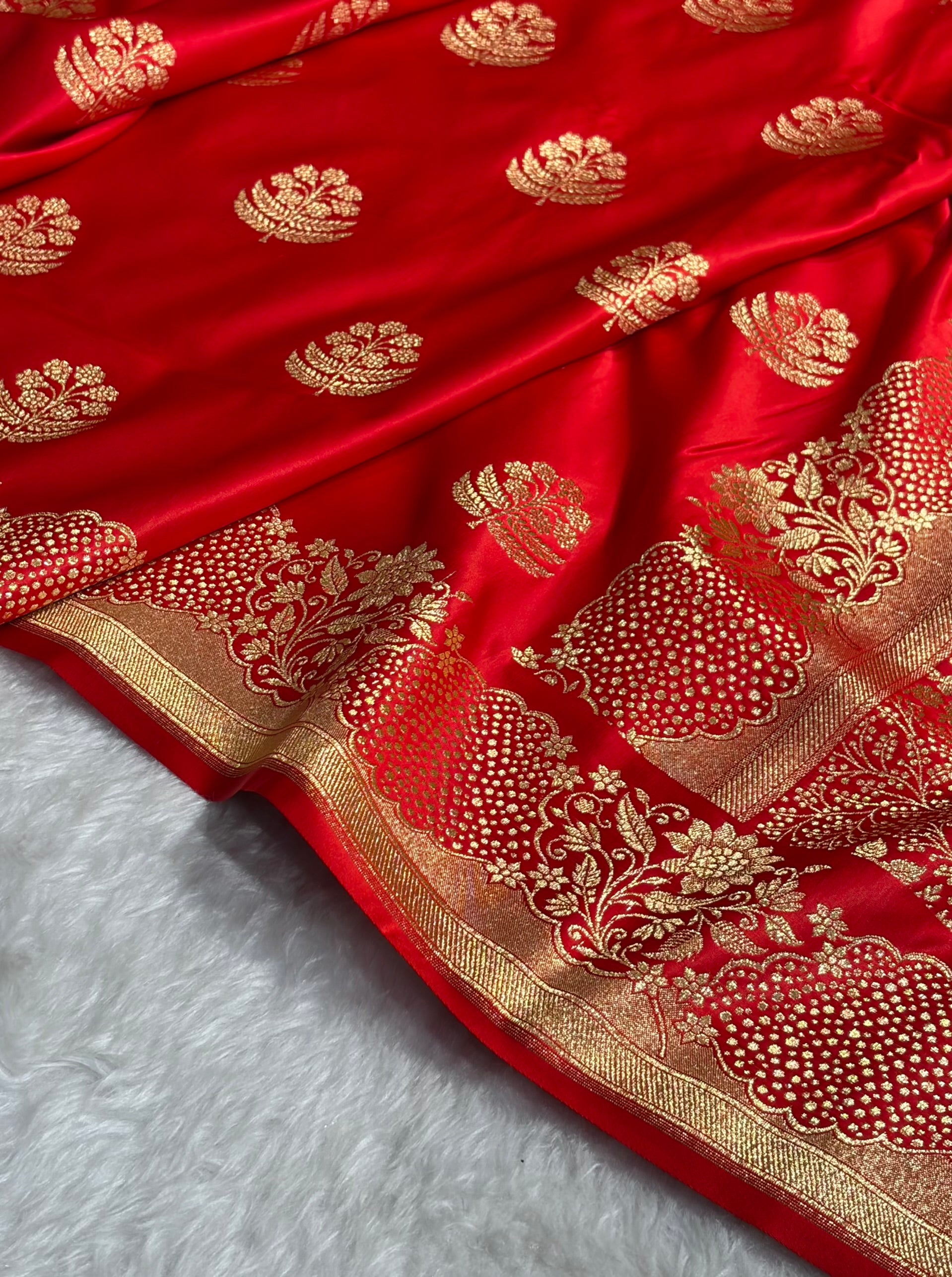 Red Unique Boota Pattern Satin Katan Silk Saree SK70