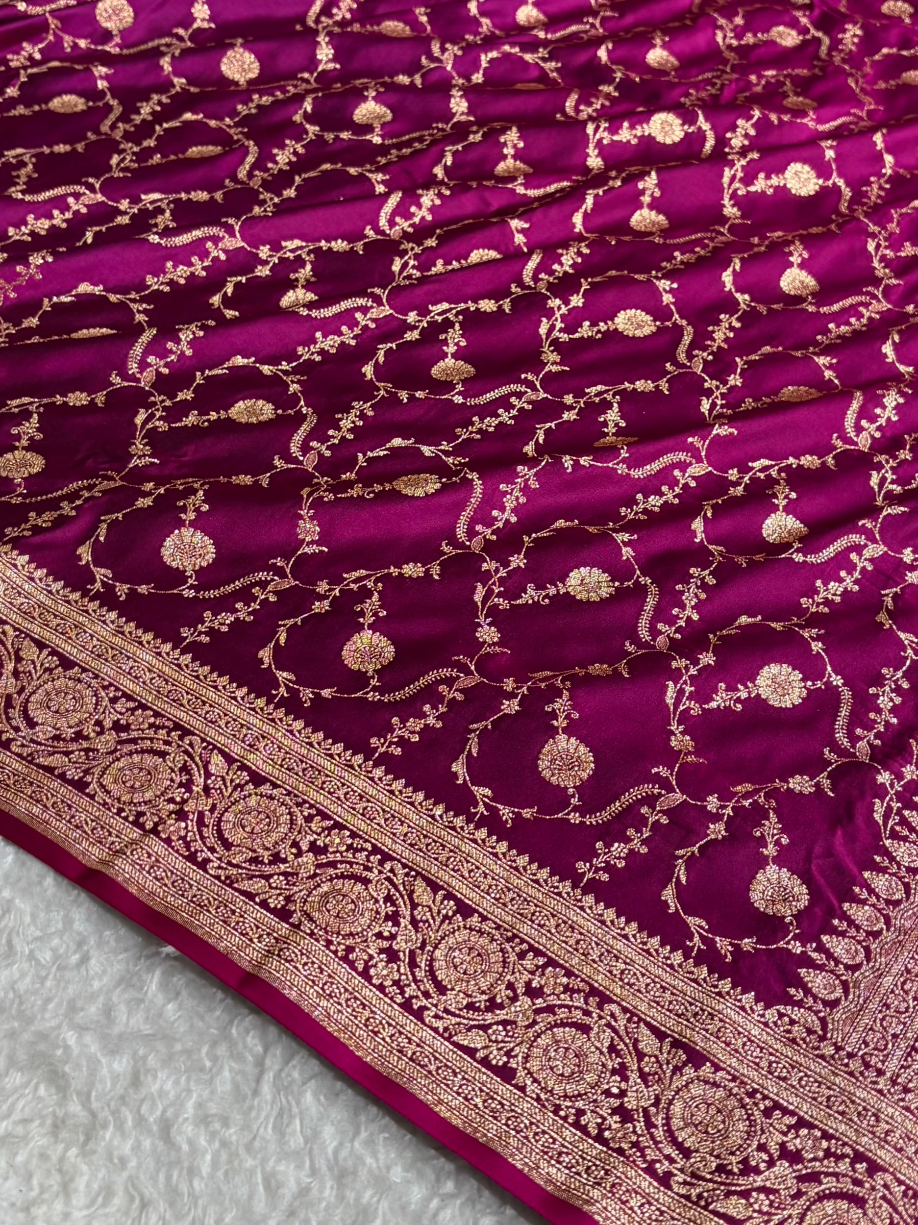 Banarasi Satin Katan Saree in Jaal Pattern Rani Shades SK86