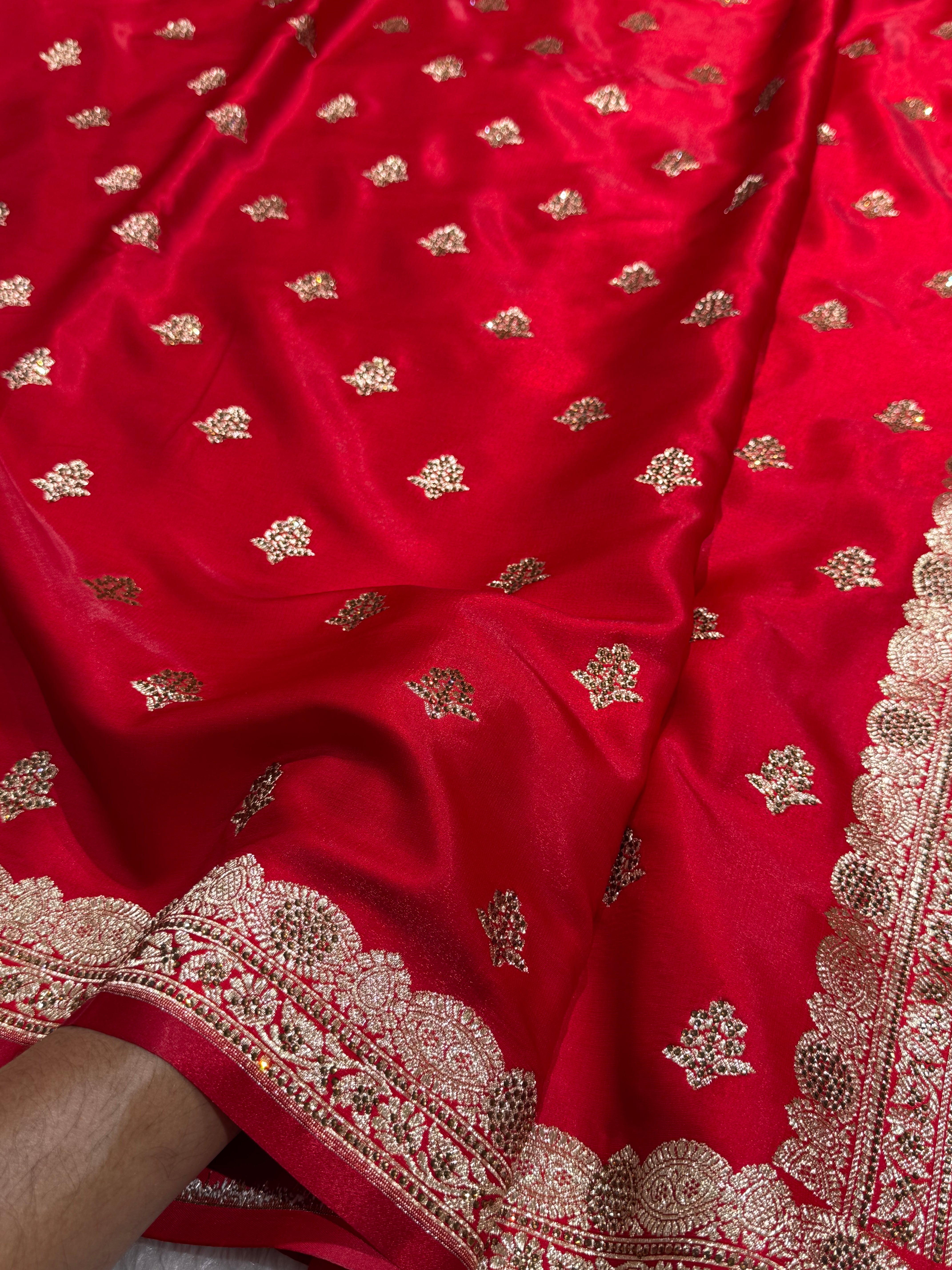 Red Boota Wih Swarovski Work With brocade blouse