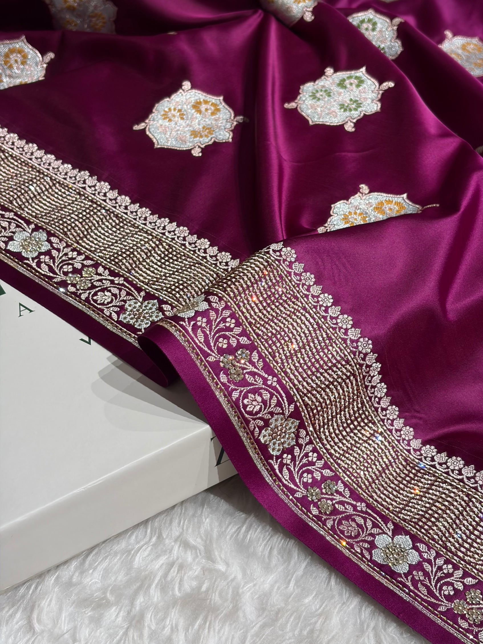 Premium Banarasi Satin Katan Saree Swarovski Work Minakari Booti Pattern in Wine Shades BSK04