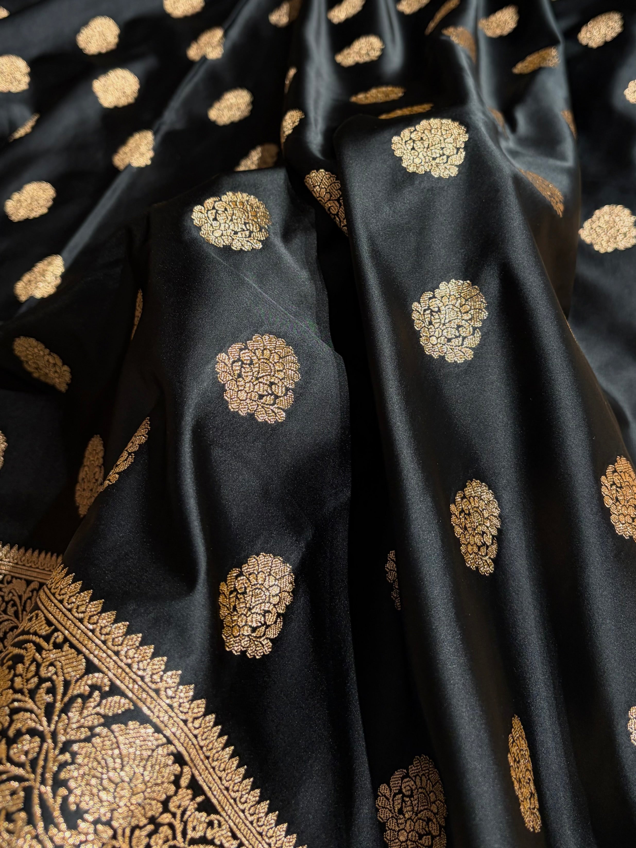 Banarasi Satin Katan Saree With Boota in Black Shades SK109