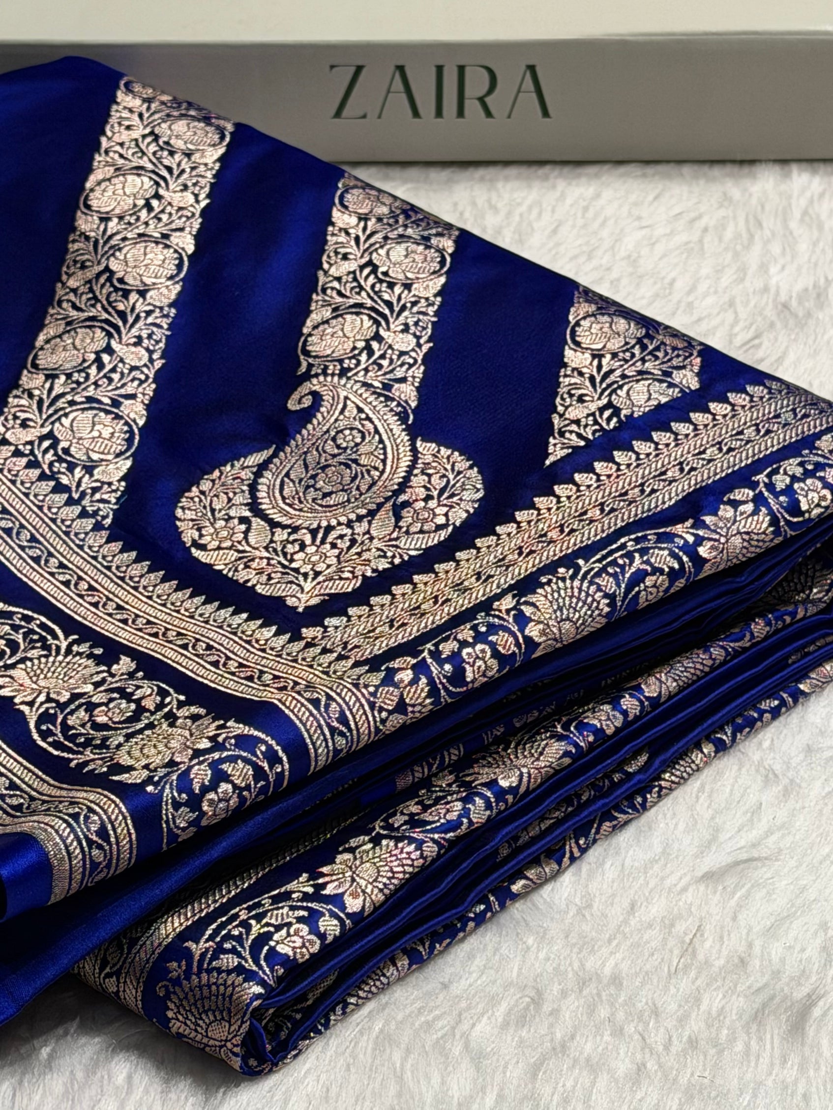 Royal Blue Shades Banarasi Cross Pattern Floral Mashru Silk Saree MSM-102