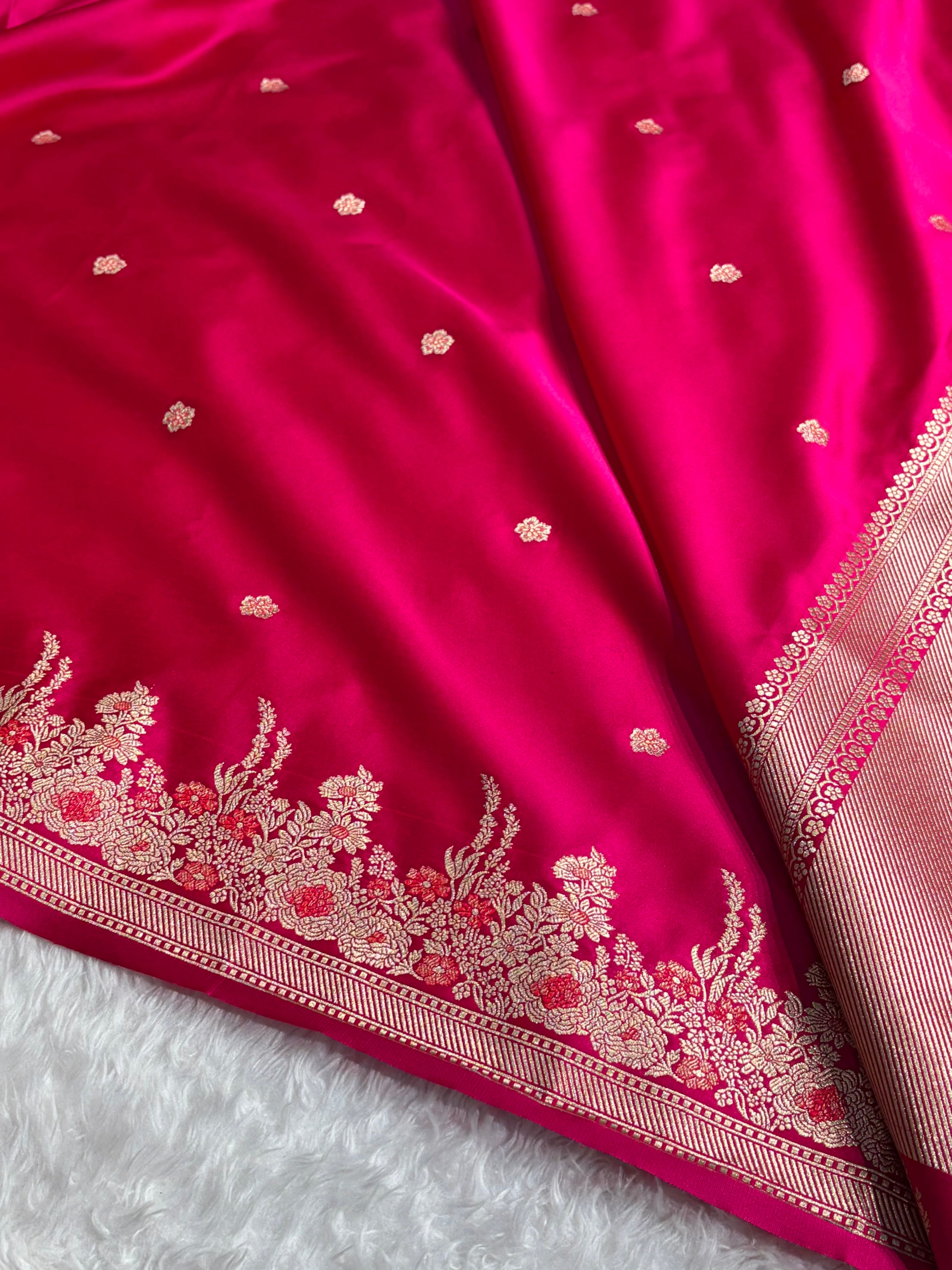 Banarasi Satin Katan Saree Booti Minakari Pattern in Rani Shades SK136