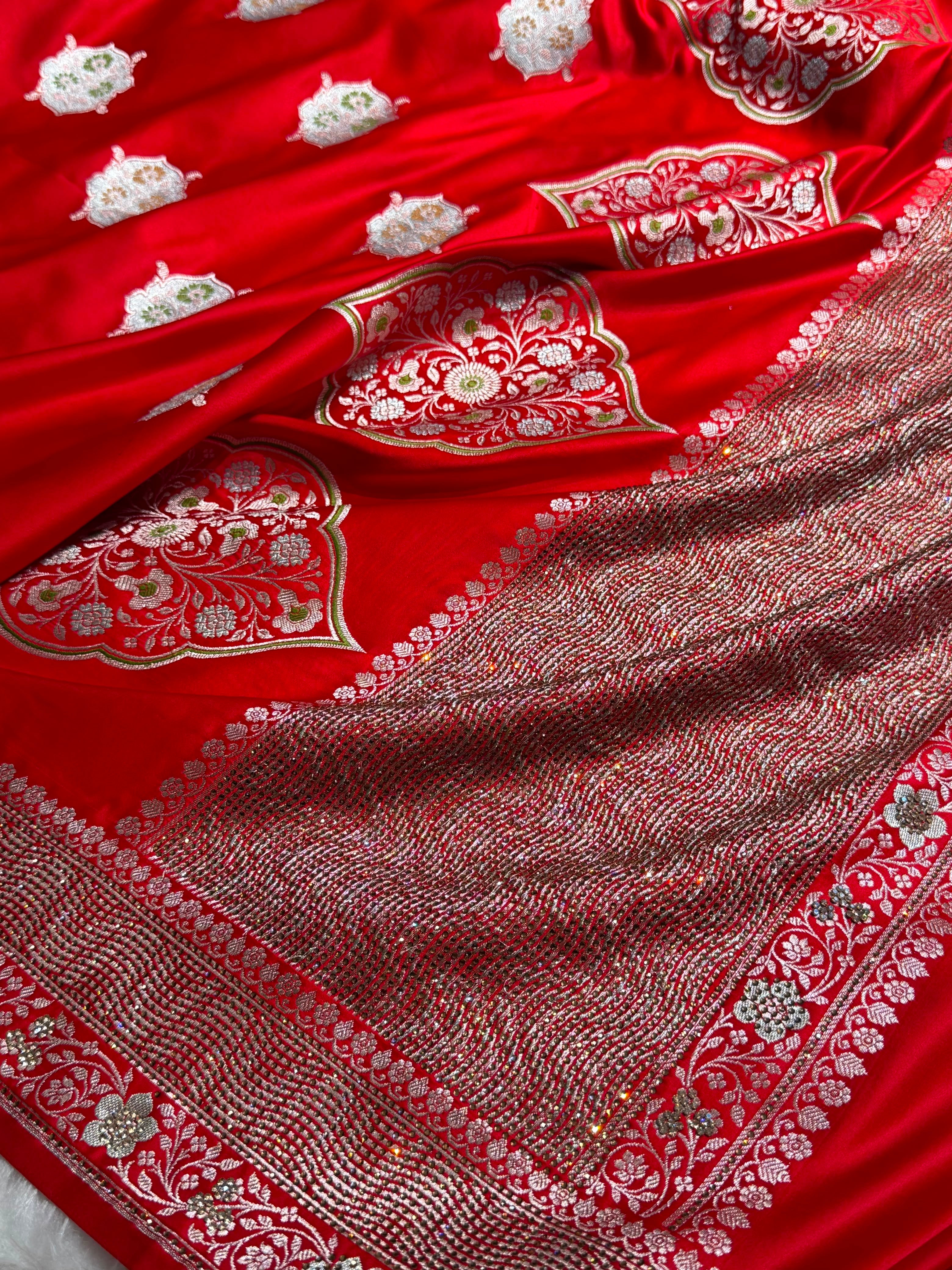 Premium Banarasi Satin Katan Saree Swarovski Work Minakari Booti Pattern in Red Shades BSK04