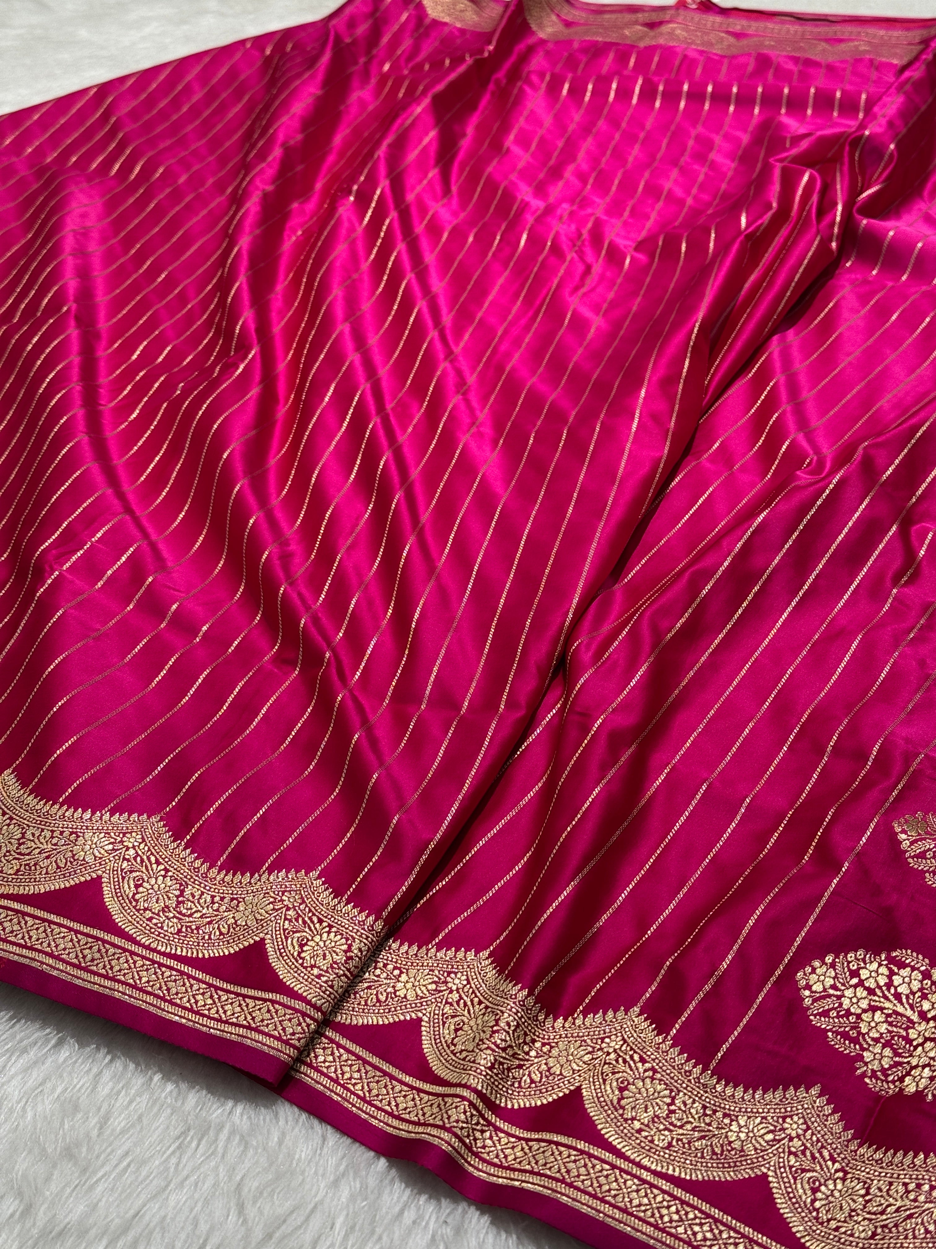 Pink Scallop Strip Mashru Silk Banarasi Saree MSS
