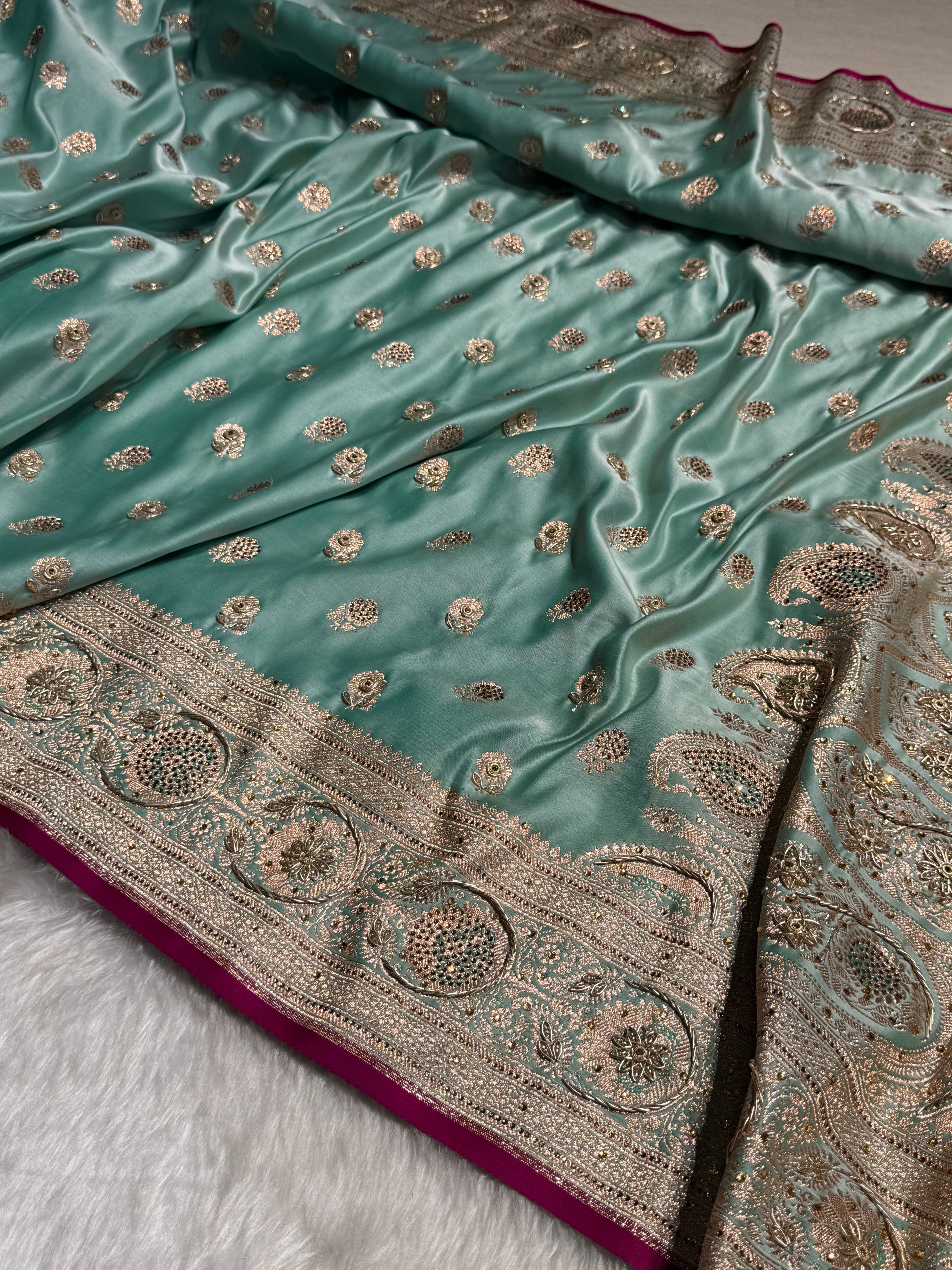 Sea Green Shades Booti Katan Silk Saree with Stone & Zardozi Work BSK12