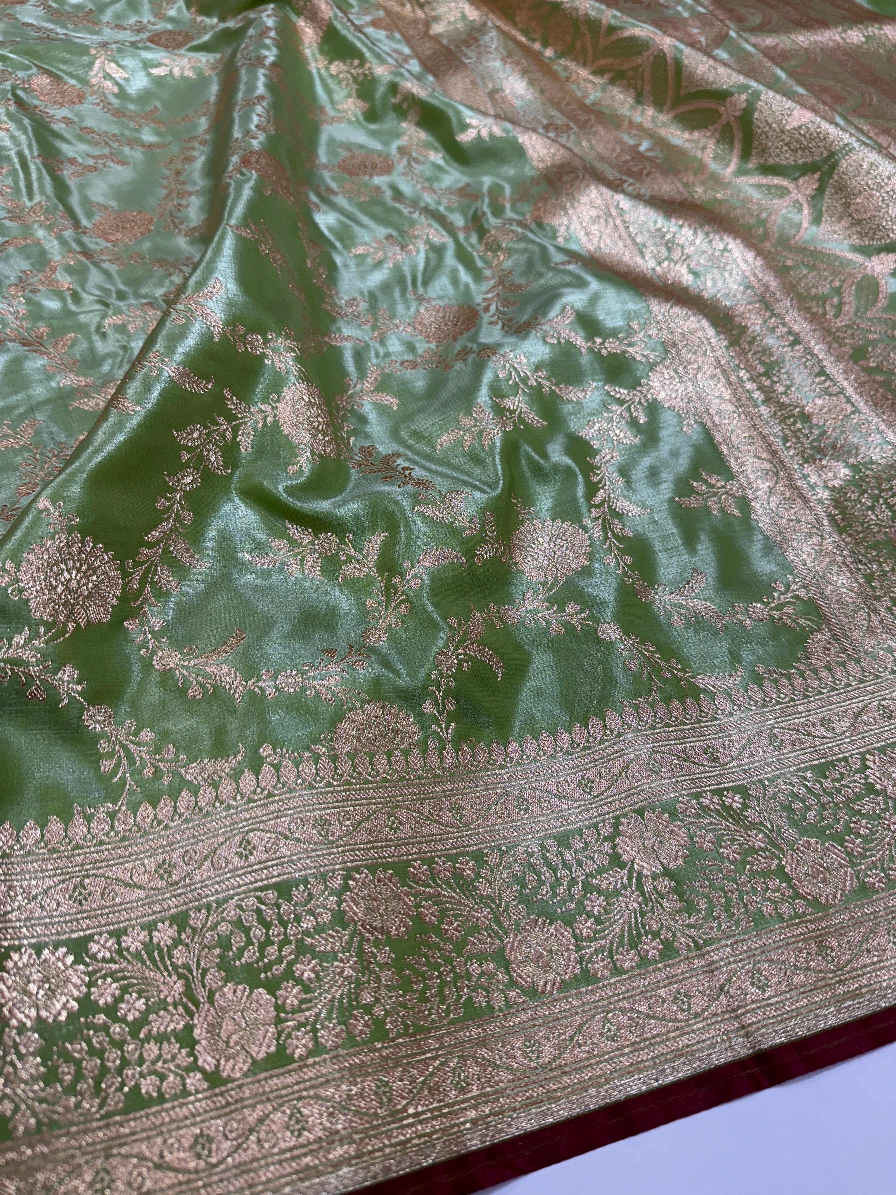 Ultra Light Weight Satin Silk Jaal in Light Pista Shades SS14