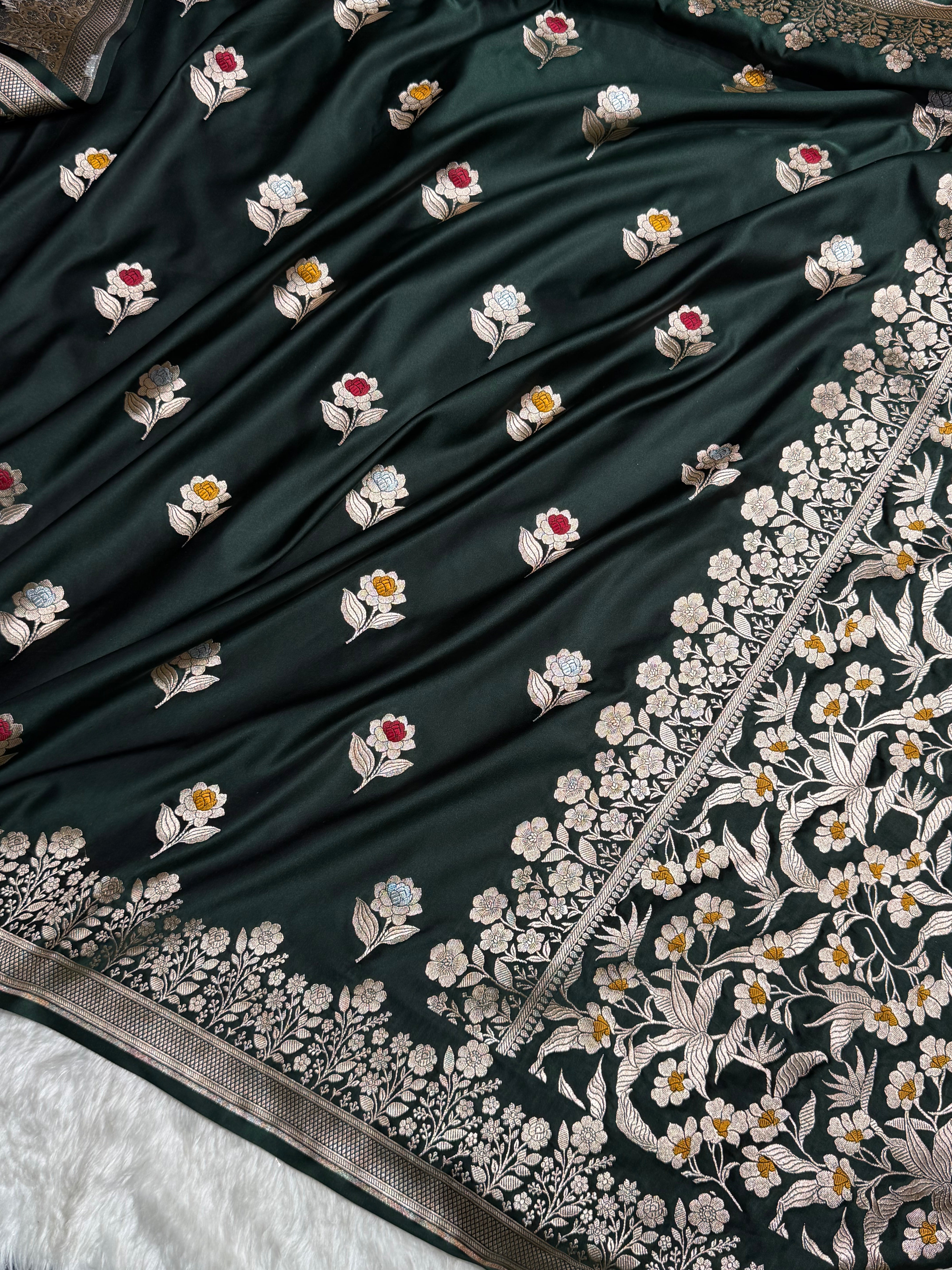 Premium Banarasi Satin Katan Saree With Minakari Boota in Dark Bottle Green Shades SK94