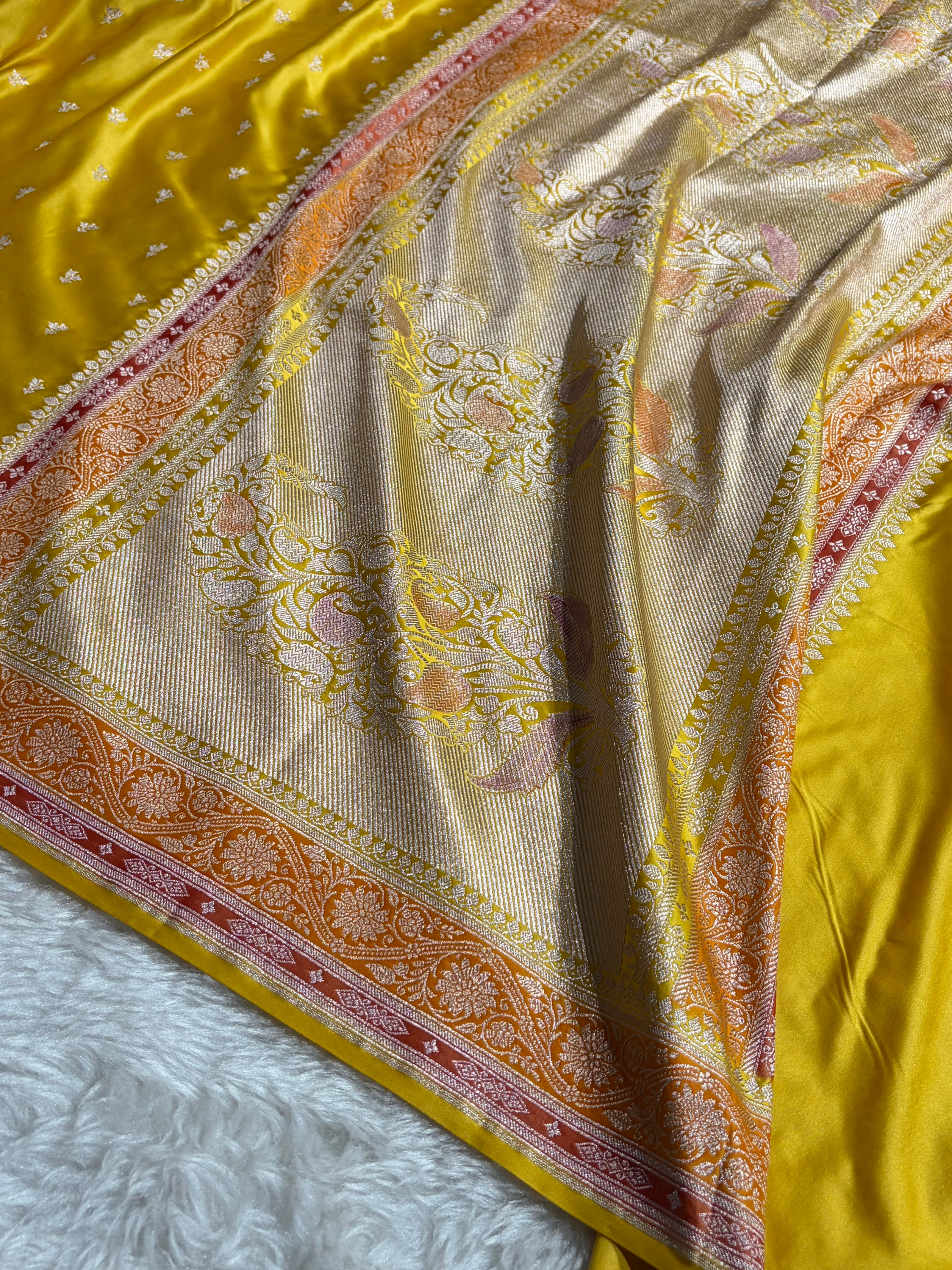 Banarasi Yellow Shades Minakari Booti Mashru Silk Saree MCS72