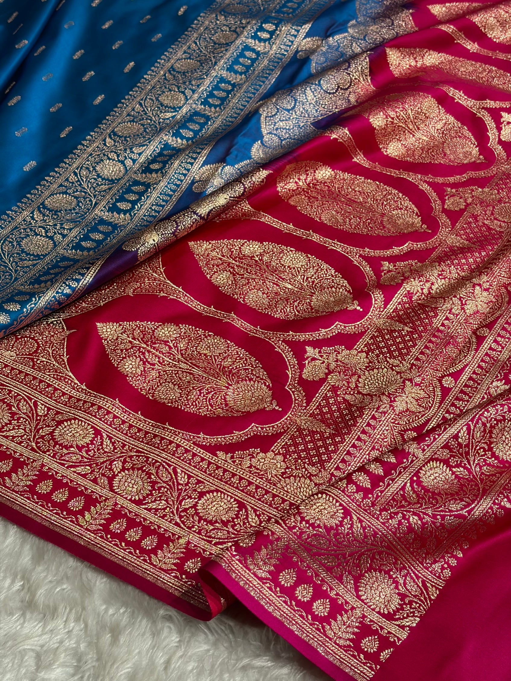Contrast Firozi / Rani Floral Booti Banarasi Satin Katan Silk Saree SK14