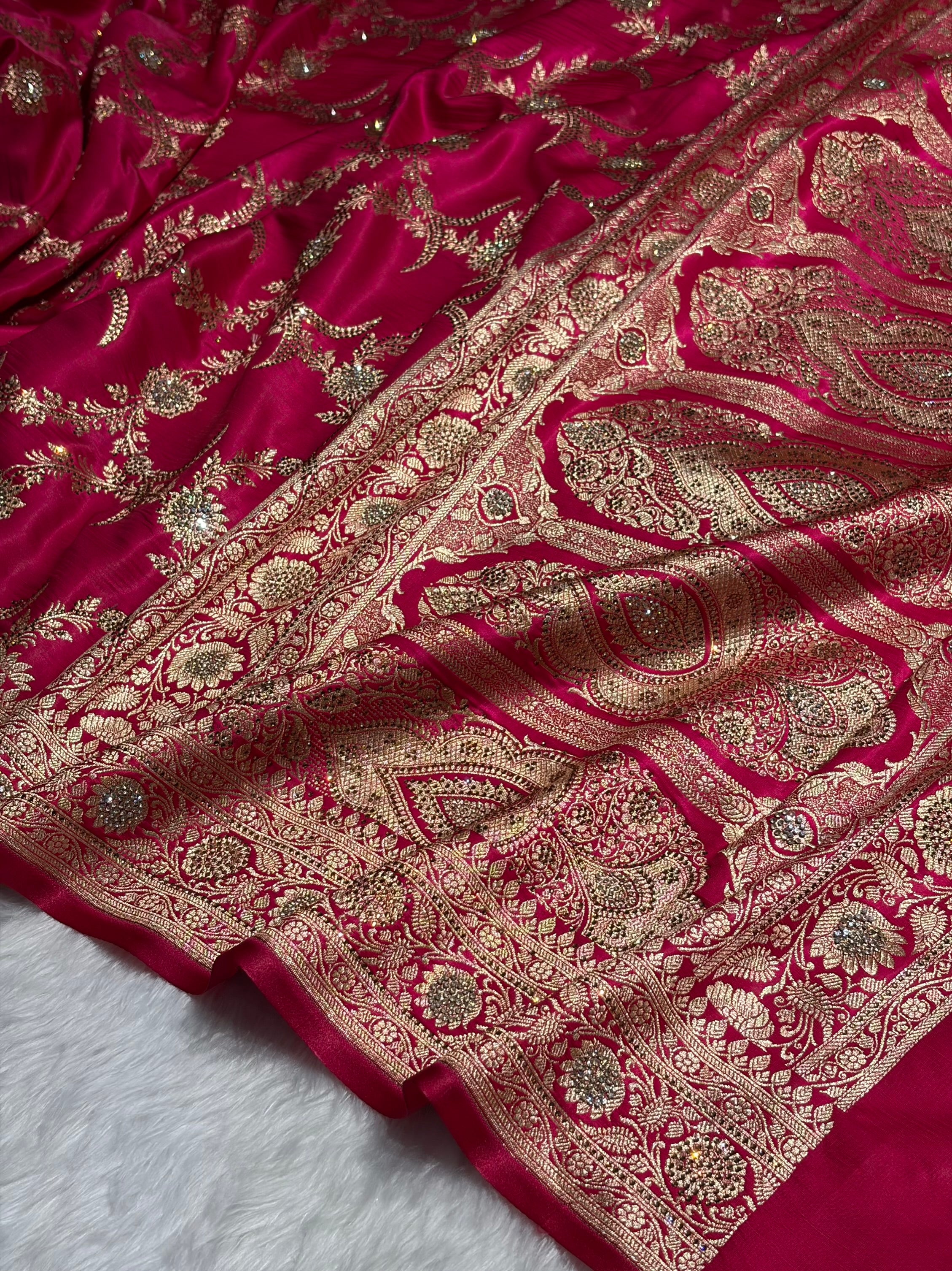 Rani Shades Swarovski Work Jaal Pattern Satin Silk Saree SS18