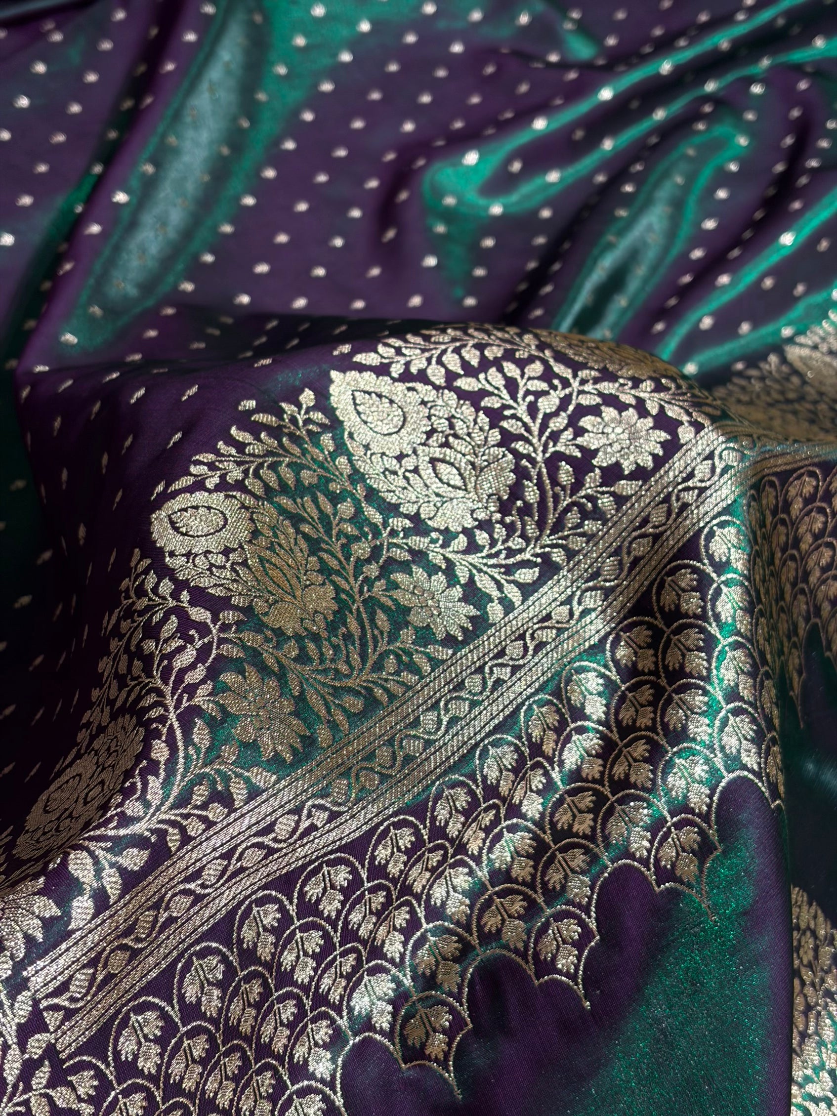 Satin Silk Saree Floral Boota in Greenish Wine Shades SS28