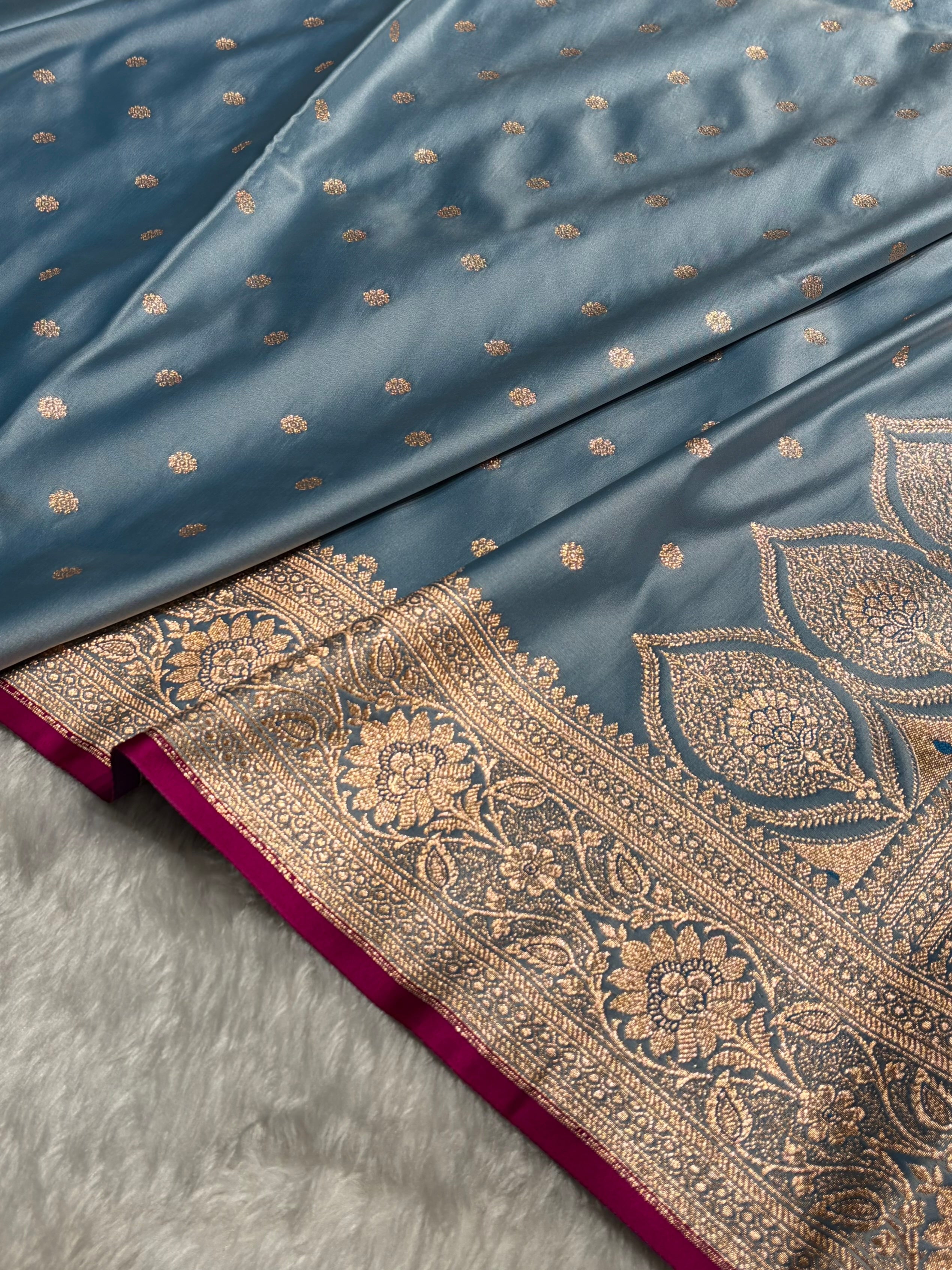 Banarasi Powder Blue Booti Satin katan Silk Saree SK11