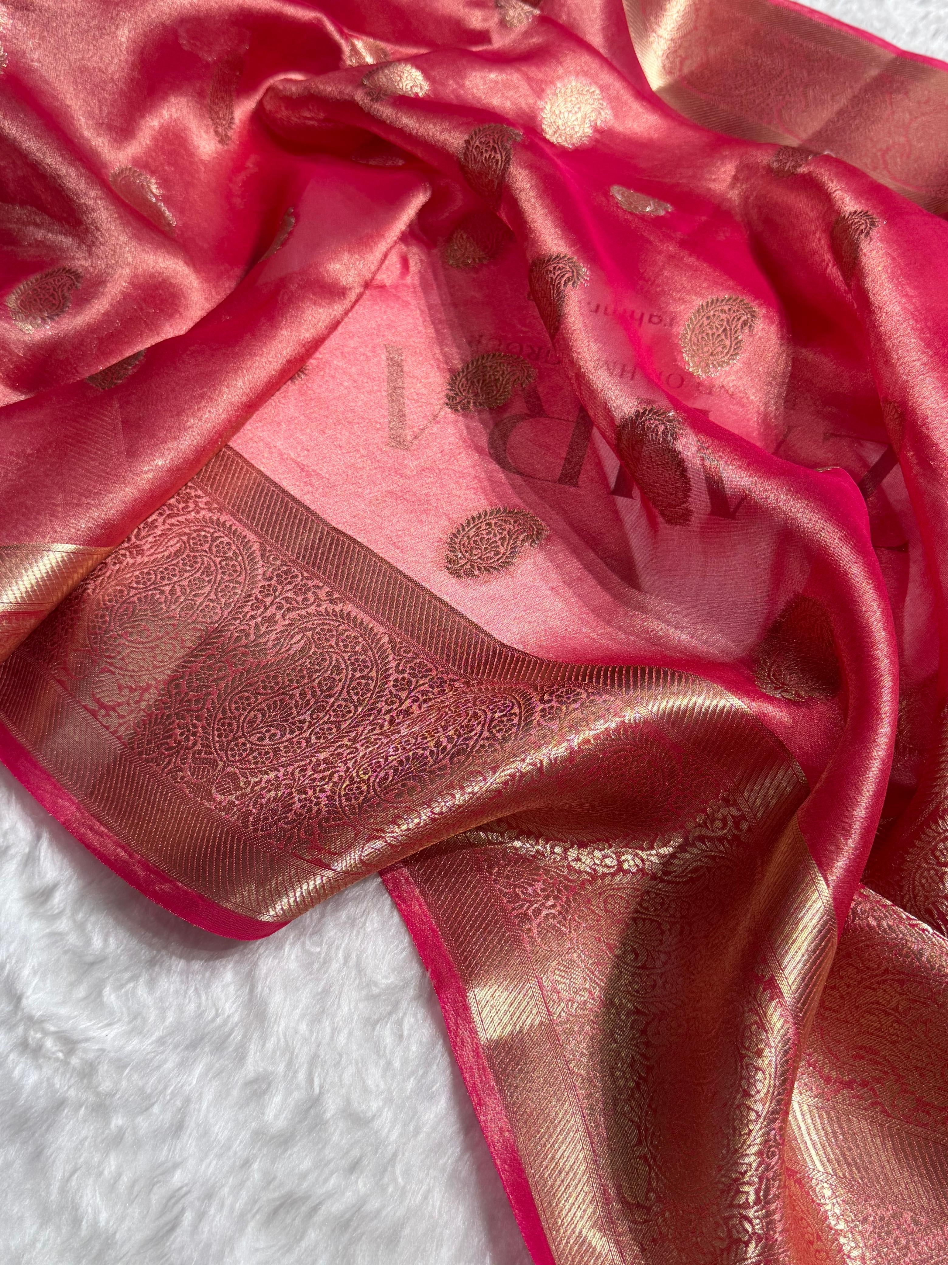 Pastel Pink Floral Shades Pure Tissue Kora Silk Saree TKC-01