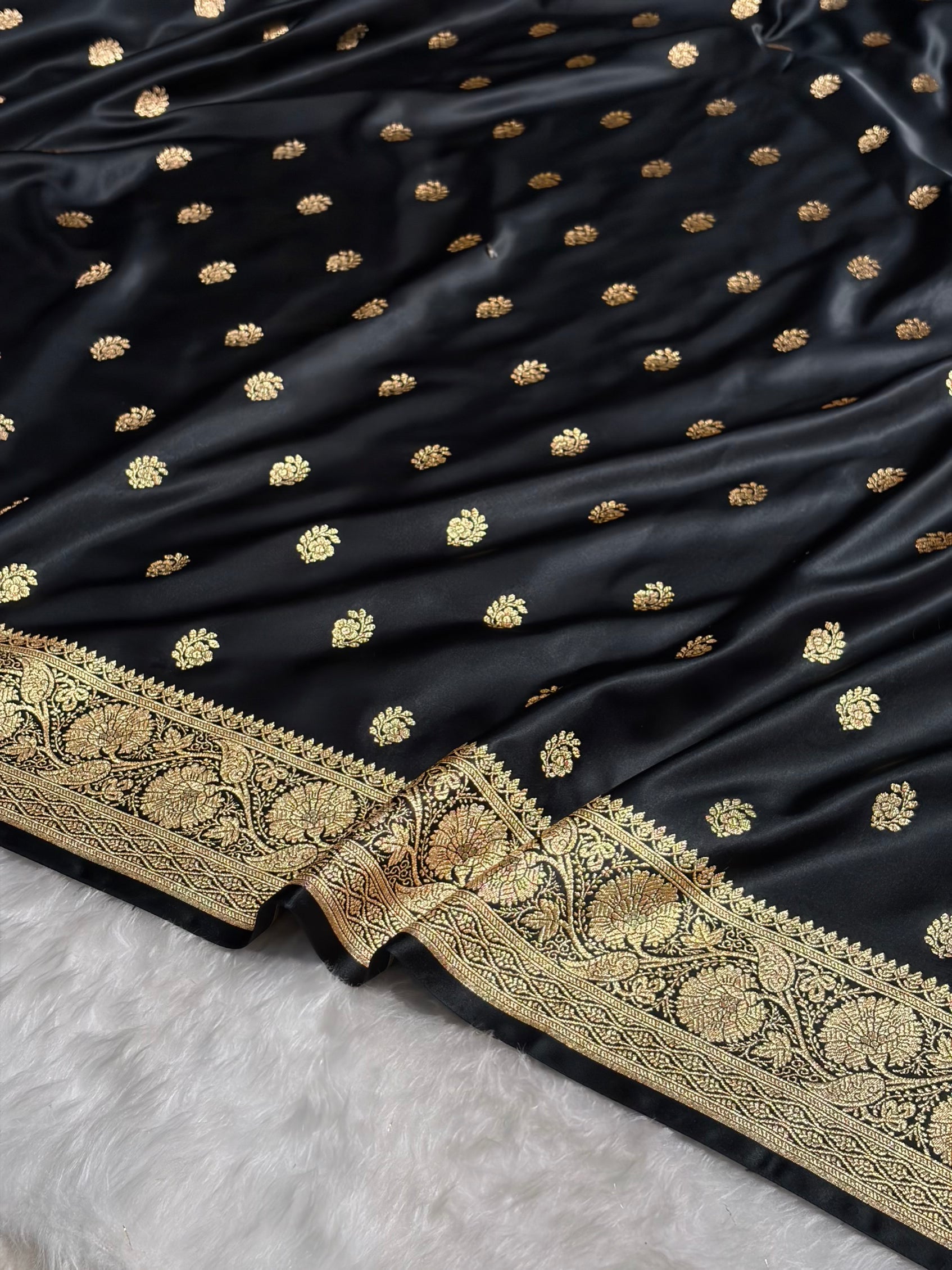 Black Floral Boota Pattern Satin Katan Silk Saree SK72