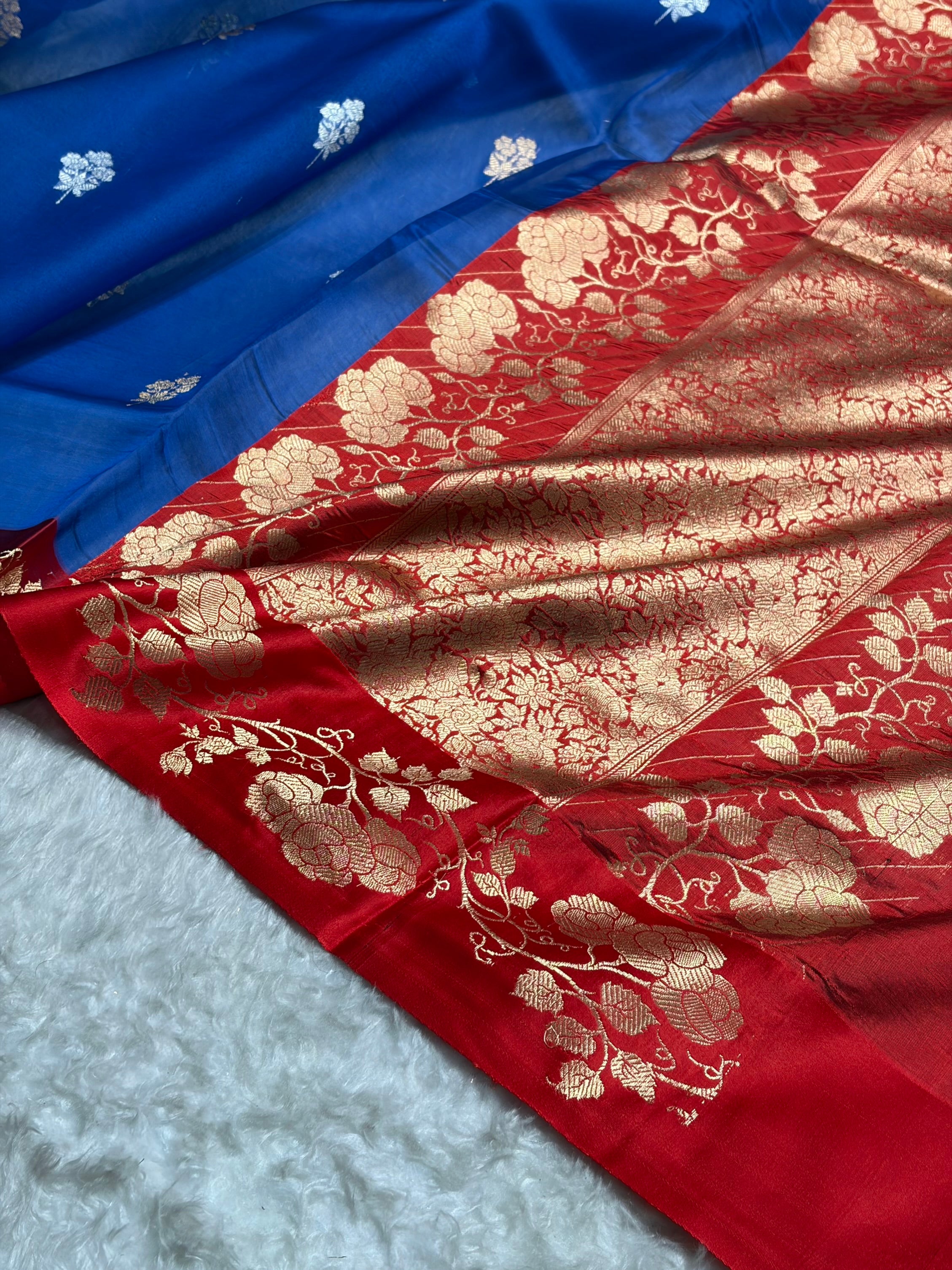Contrast Pure Banarasi Organza Royal Blue With Maroon Floral Banarasi Silk Saree PO-13