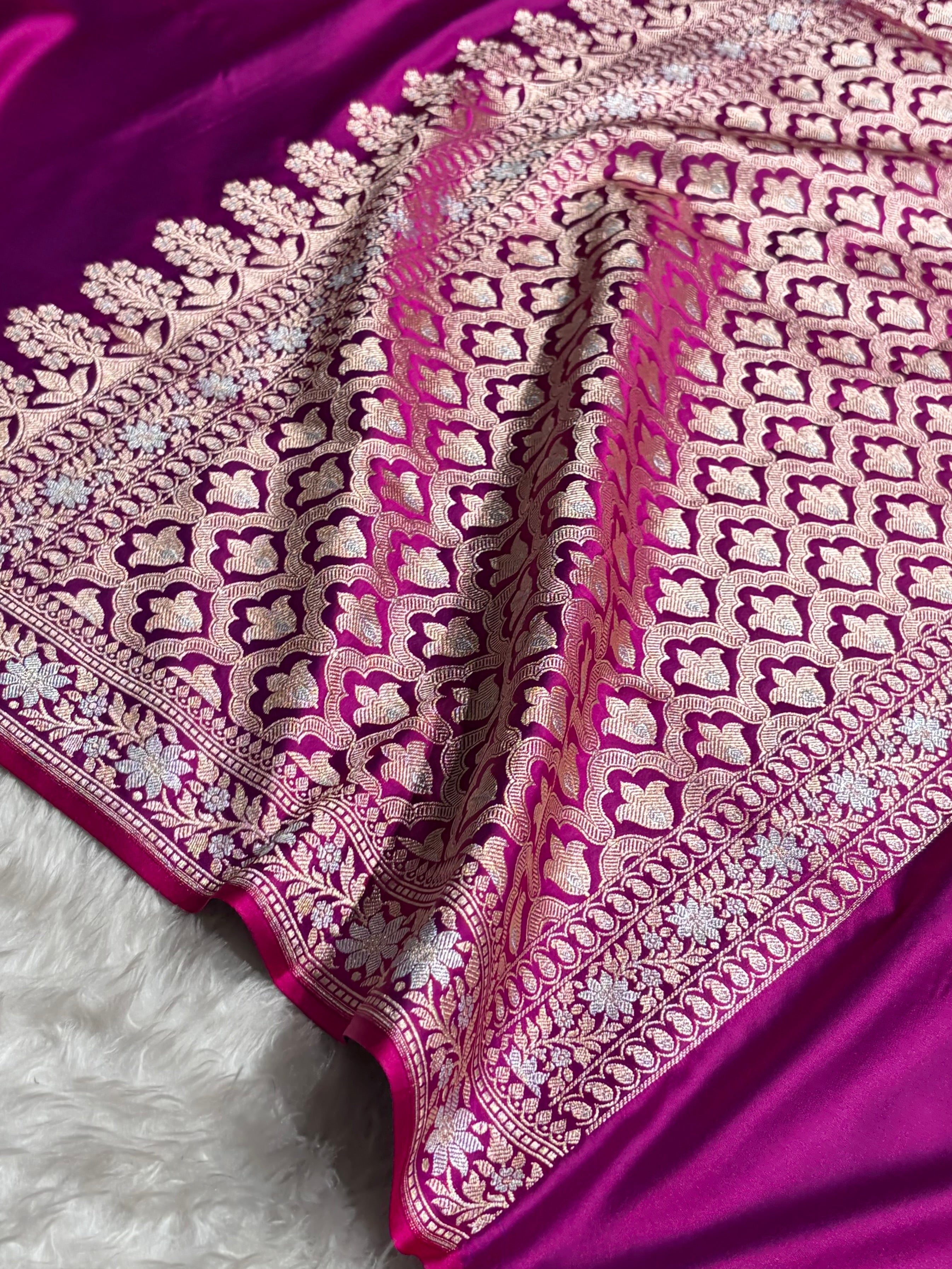 Cross Purple Shades Plain Banarasi With Minakari Floral Border Mashru Silk Saree MSM-123