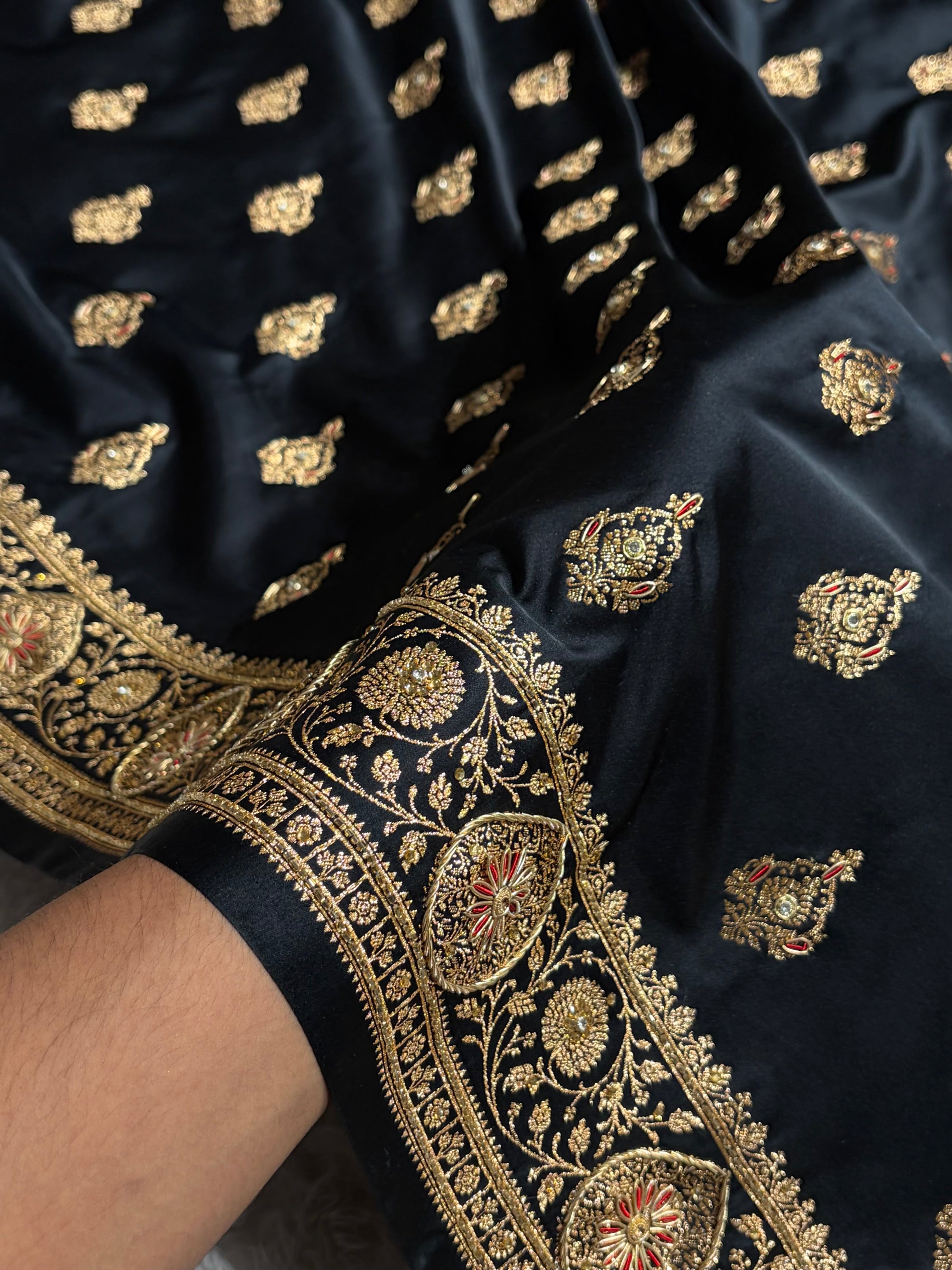 Banarasi Satin Katan Saree With Aari Zardozi Work Boota in Black Shades BSK98