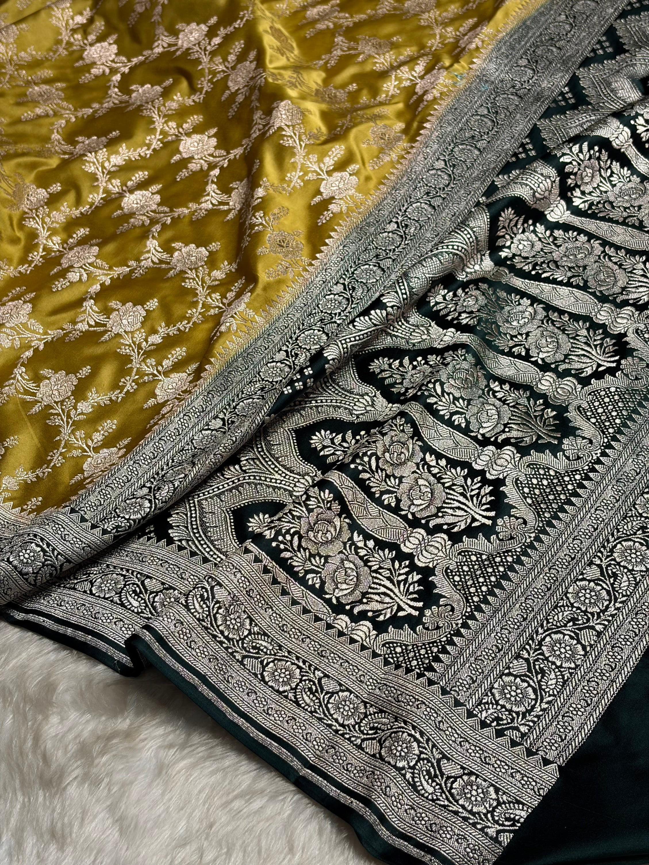 Contrast Dusty Mustard with Bottle Green Floral Jaal Mashru Silk Saree  MS28